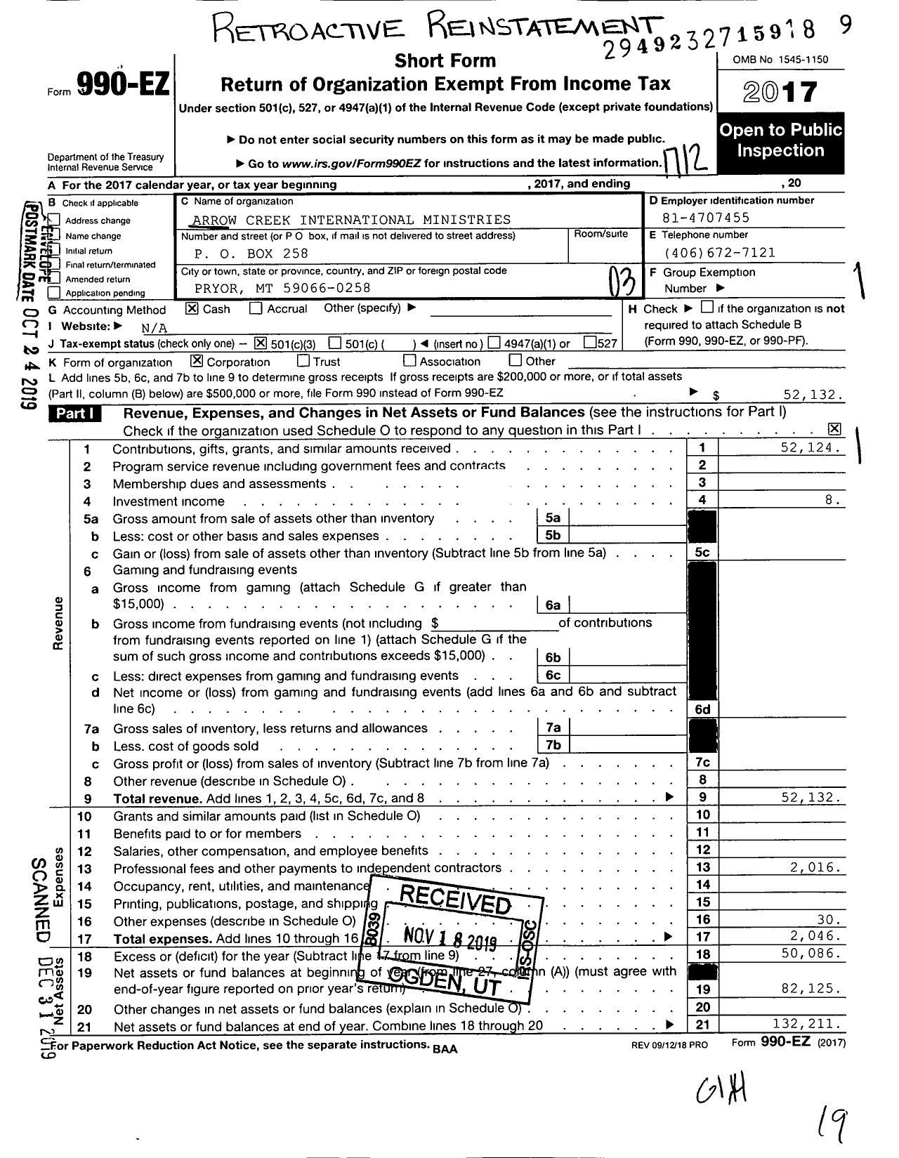 Image of first page of 2017 Form 990EZ for Arrow Creek International Ministries Stands Over Bull