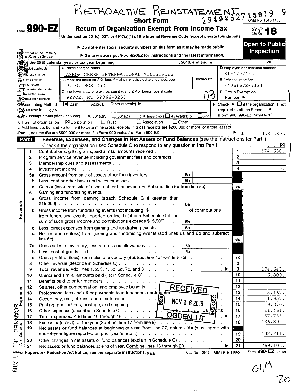 Image of first page of 2018 Form 990EZ for Arrow Creek International Ministries Stands Over Bull