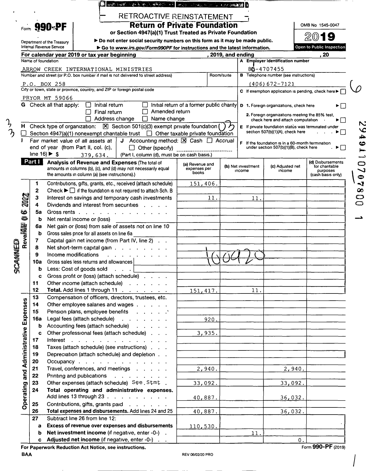 Image of first page of 2019 Form 990PF for Arrow Creek International Ministries Stands Over Bull