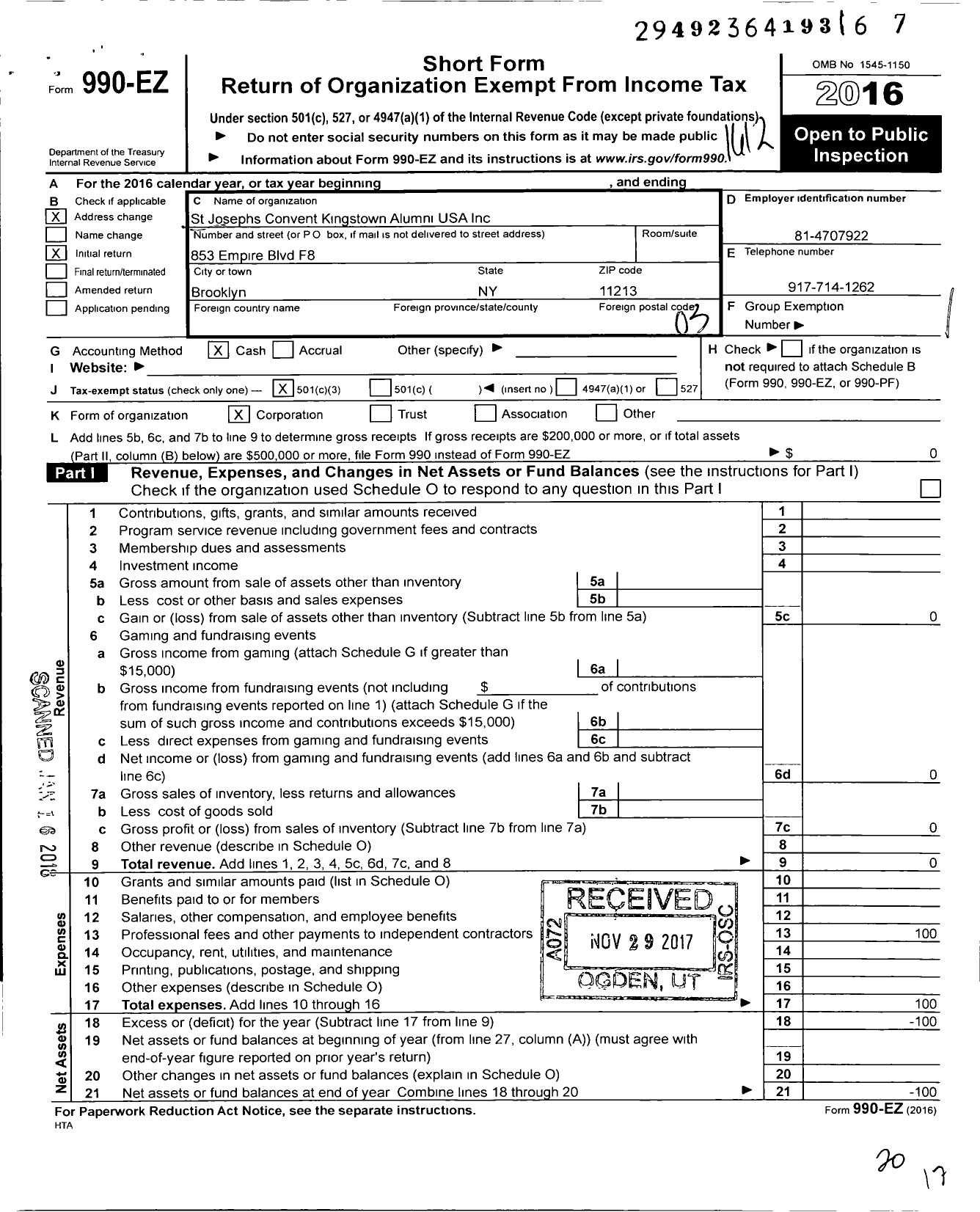 Image of first page of 2016 Form 990EZ for St Josephs Convent Kingstown Alumni USA