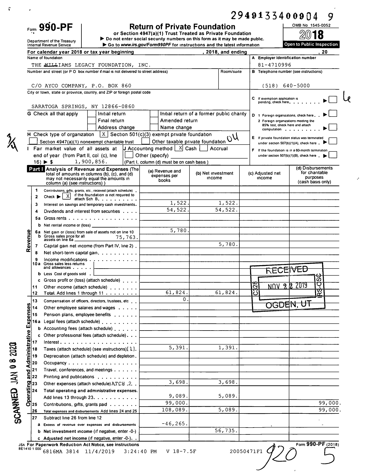 Image of first page of 2018 Form 990PF for The Williams Legacy Foundation