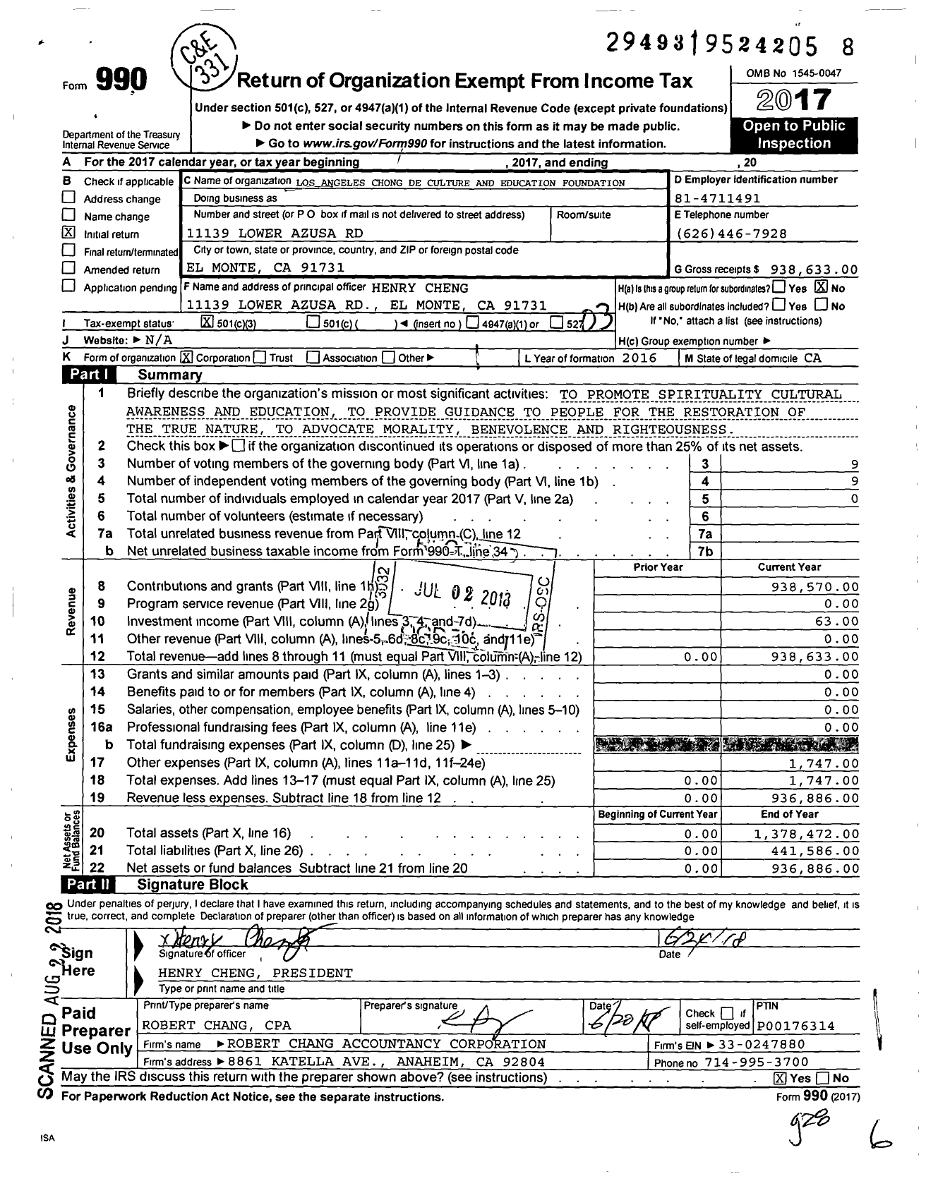 Image of first page of 2017 Form 990 for Los Angeles Chong de Culture and Education Foundation