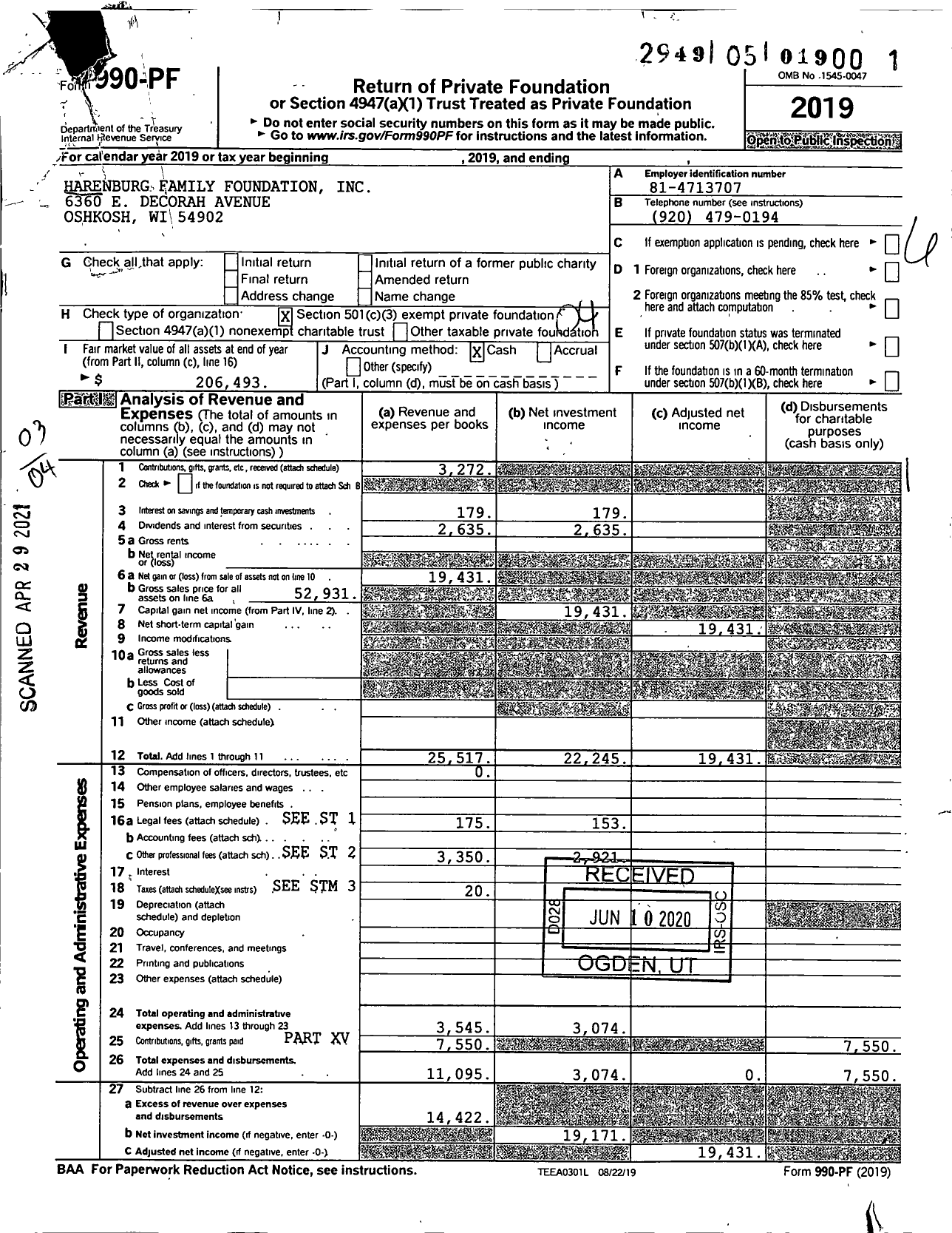 Image of first page of 2019 Form 990PF for Harenburg Family Foundation