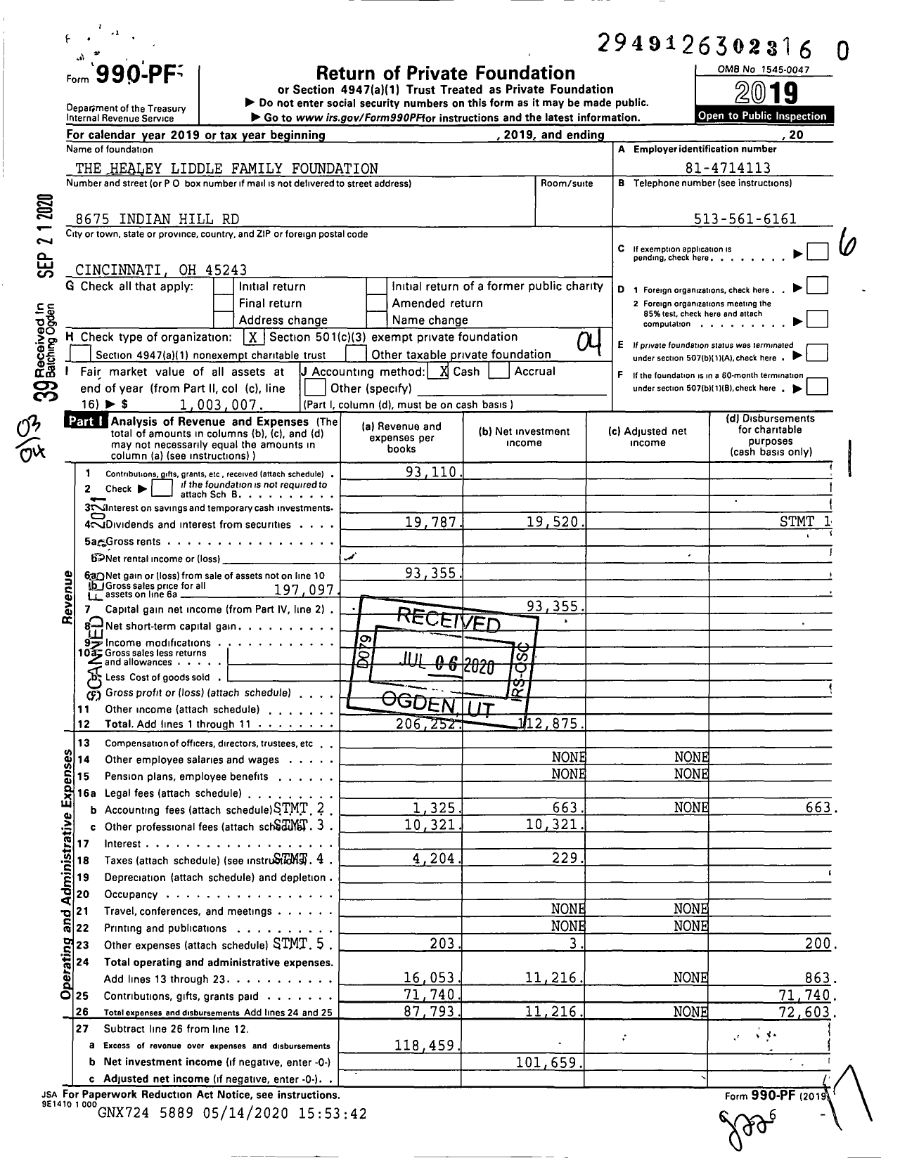 Image of first page of 2019 Form 990PF for The Healey Liddle Family Foundation