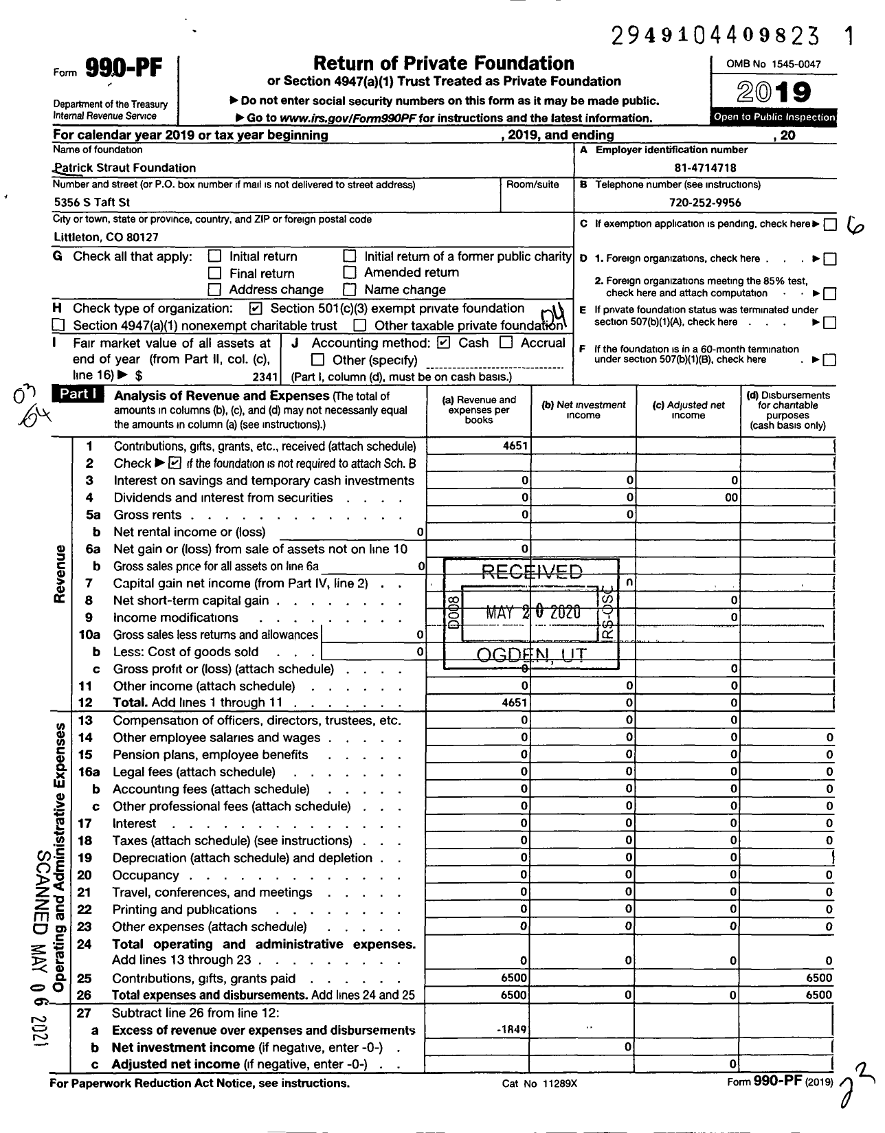 Image of first page of 2019 Form 990PF for Patrick Straut Foundation