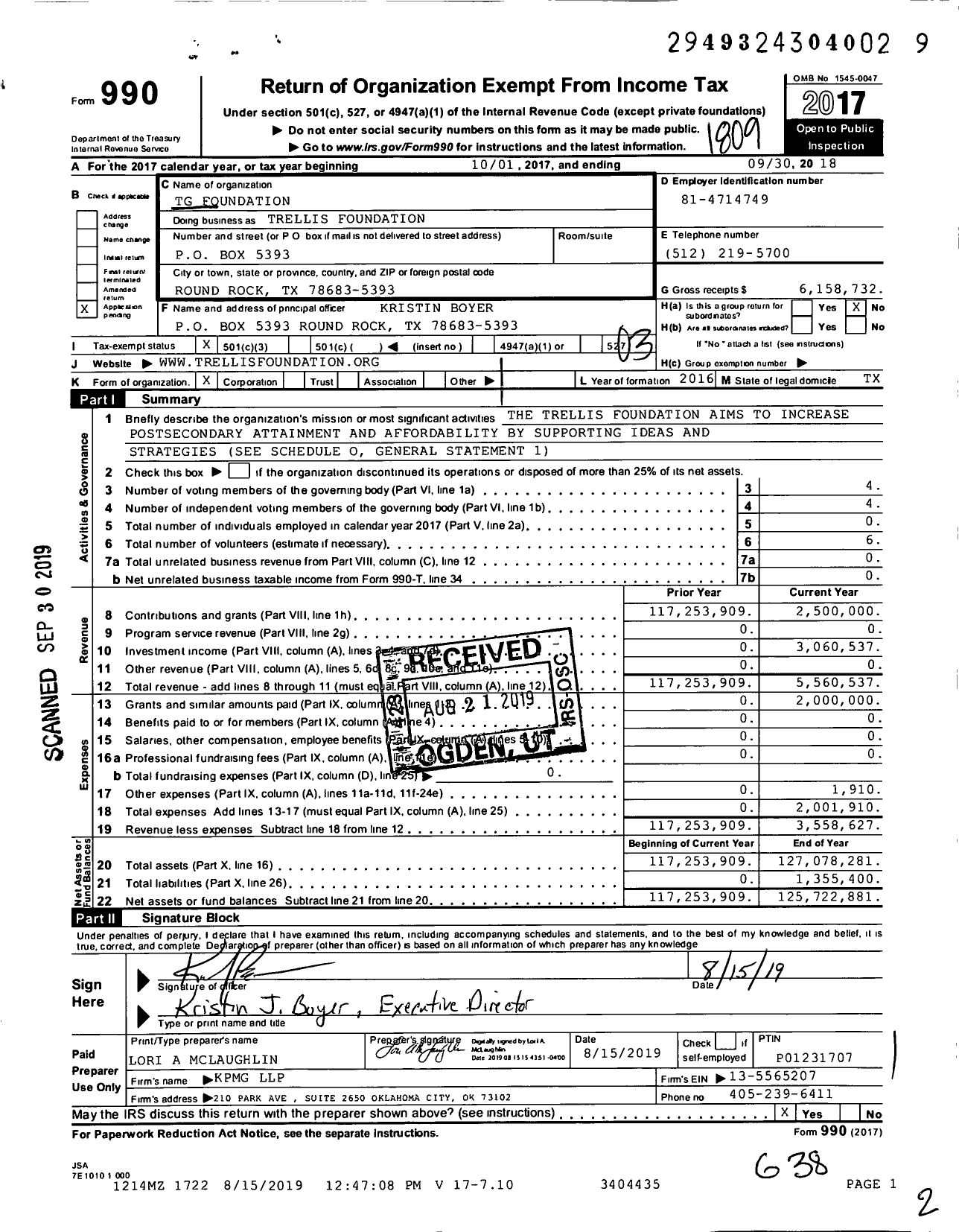 Image of first page of 2017 Form 990 for Trellis Foundation