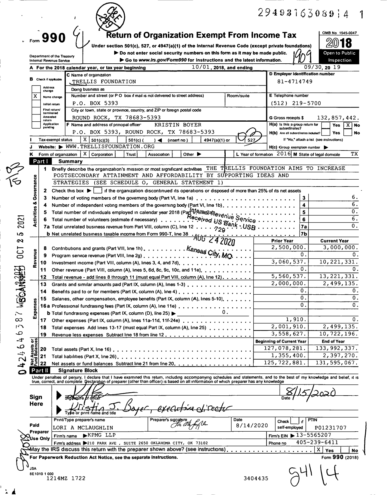 Image of first page of 2018 Form 990 for Trellis Foundation