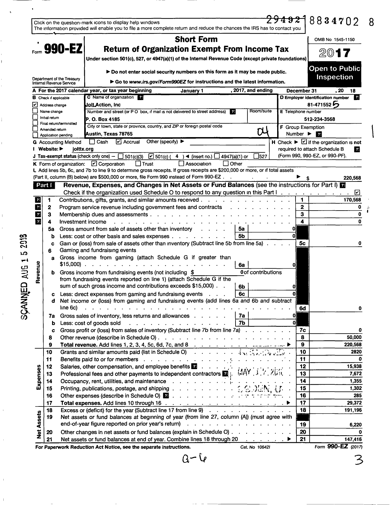 Image of first page of 2017 Form 990EO for Jolt Action