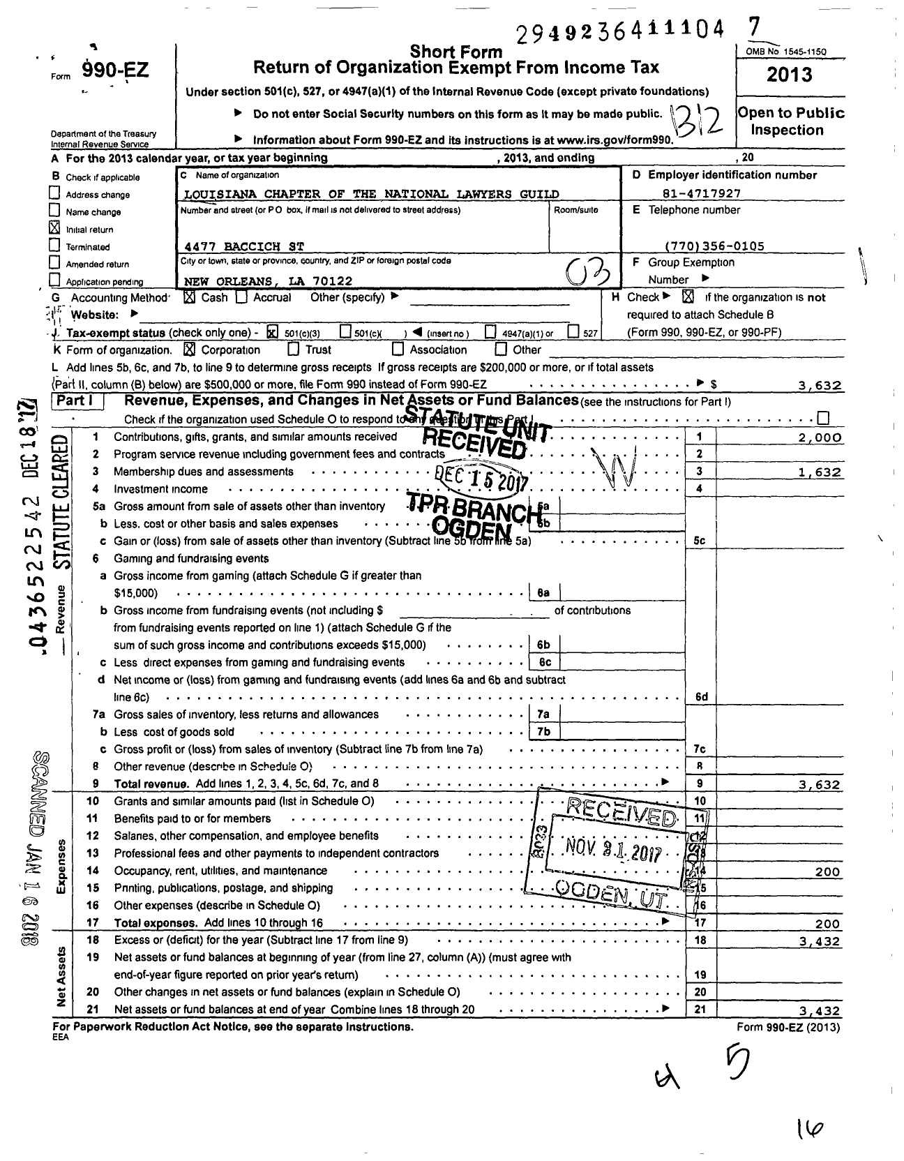 Image of first page of 2013 Form 990EZ for Louisiana Chapter of the National Lawyers Guild