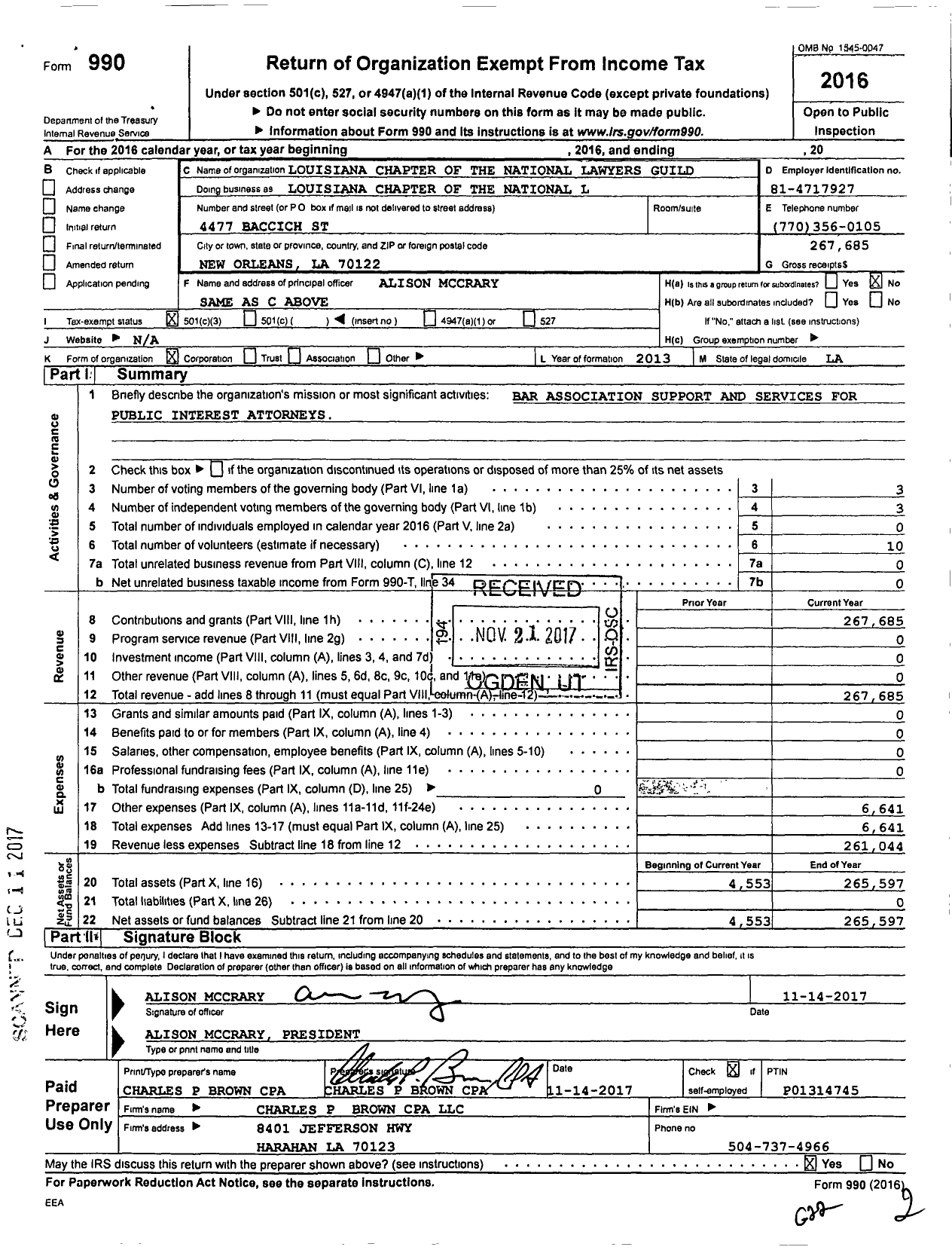 Image of first page of 2016 Form 990 for Louisiana Chapter of the National Lawyers Guild