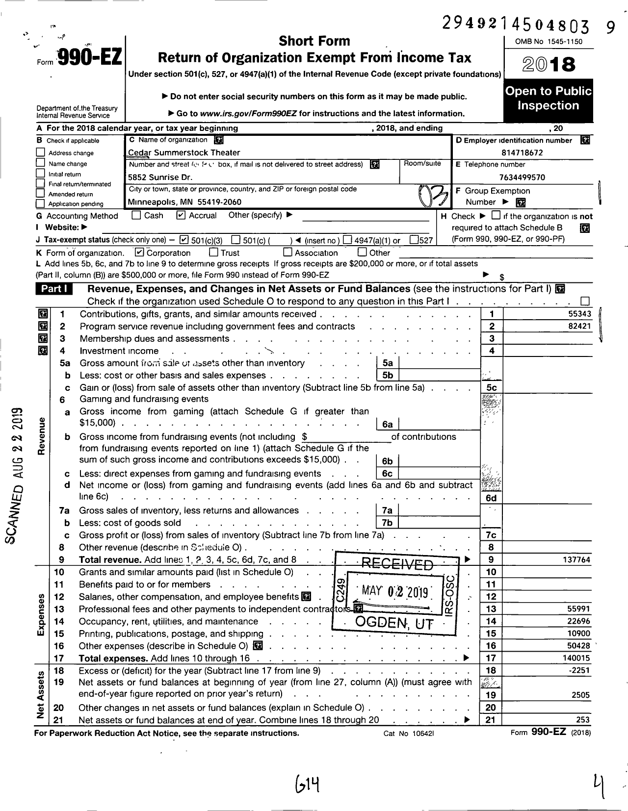 Image of first page of 2018 Form 990EZ for Cedar Summerstock Theater