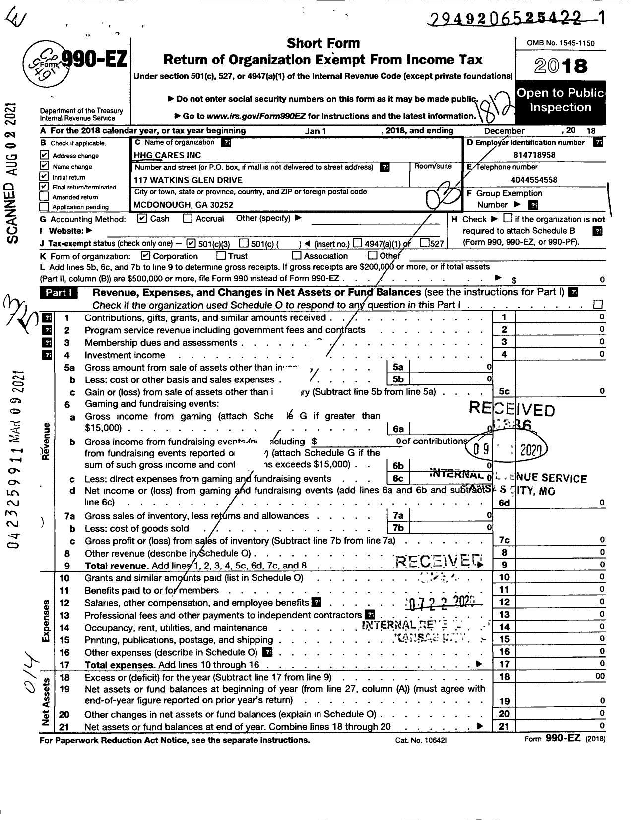 Image of first page of 2018 Form 990EZ for HHG Cares