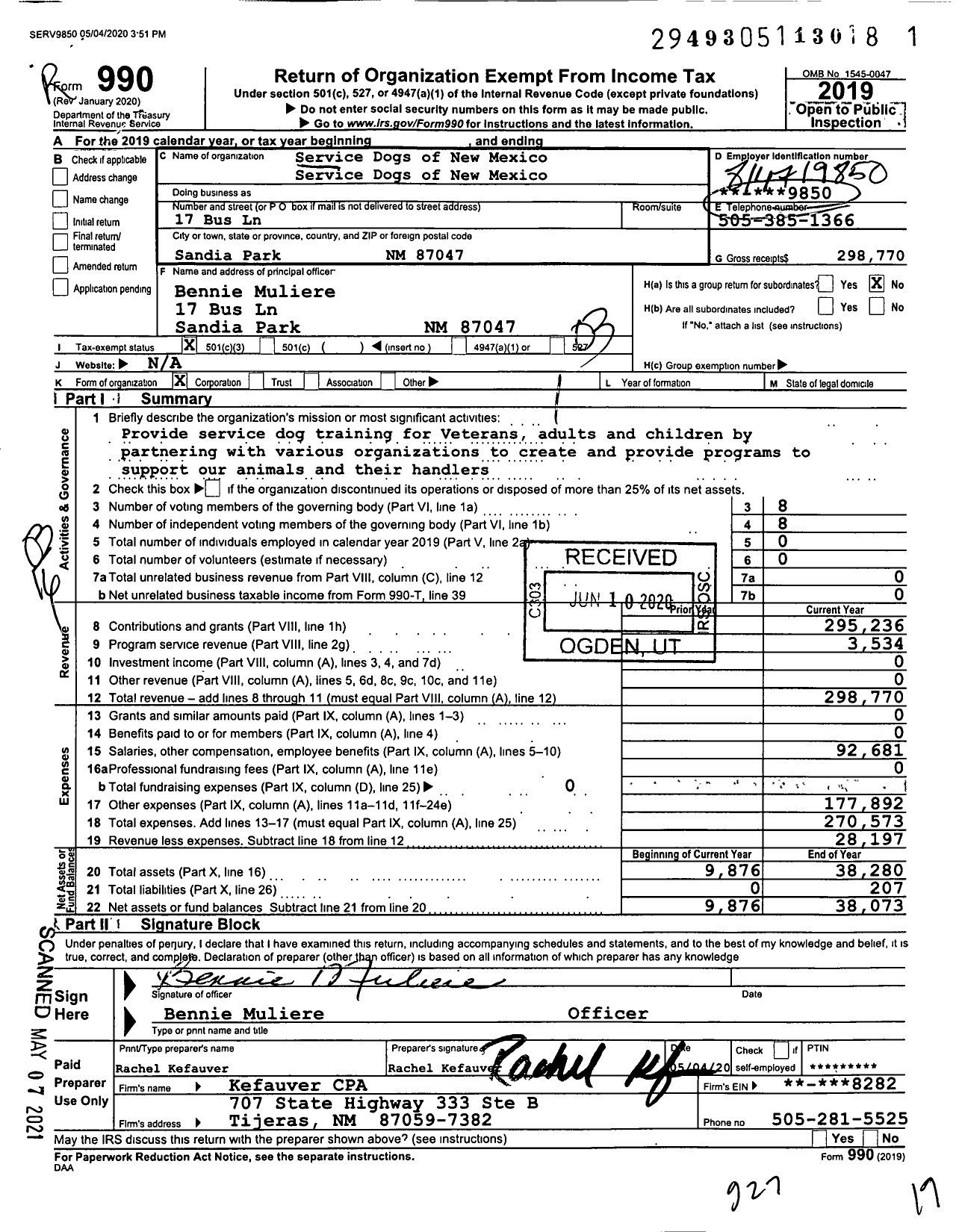 Image of first page of 2019 Form 990 for Service Dogs of New Mexico