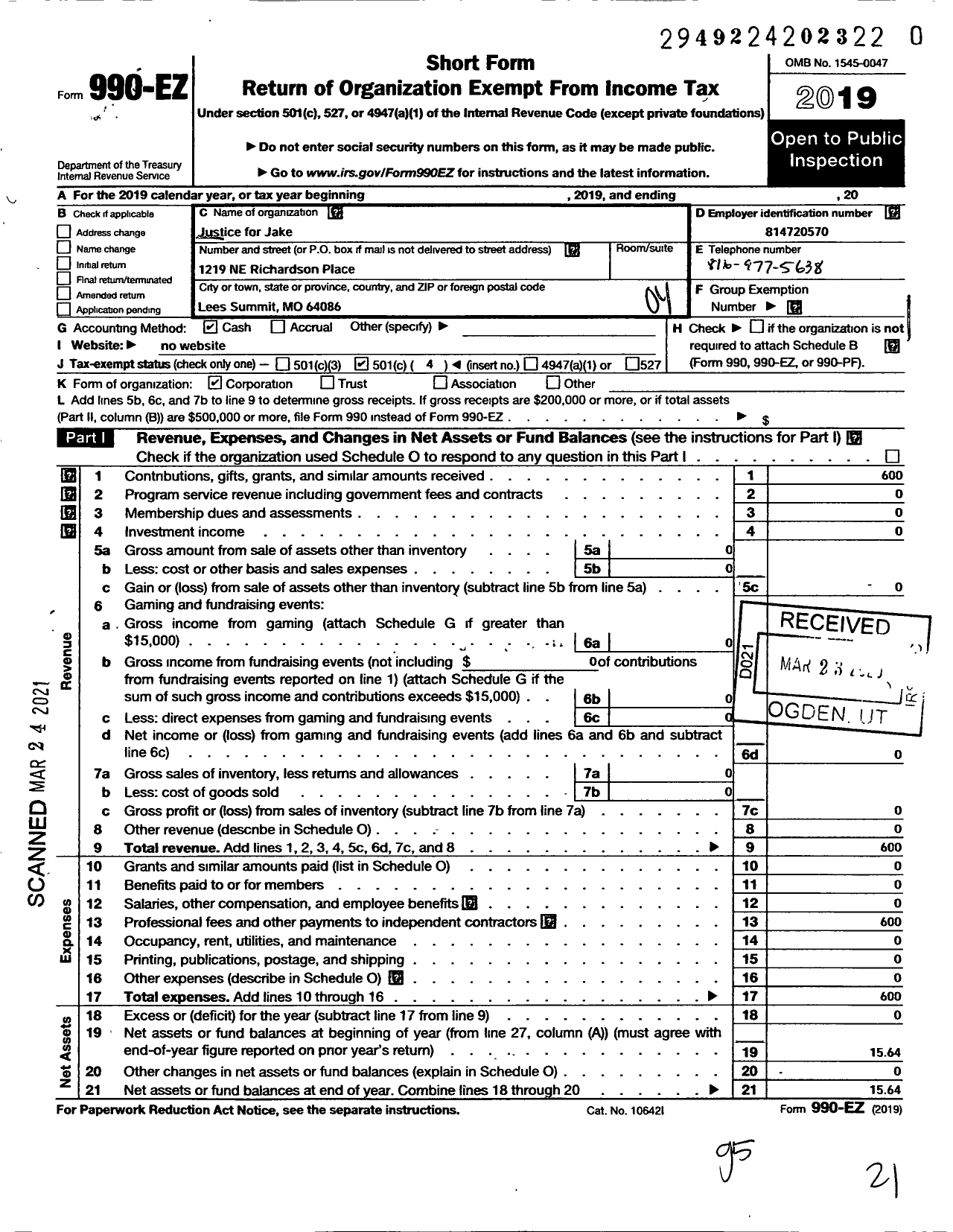 Image of first page of 2019 Form 990EO for Justice for Jake