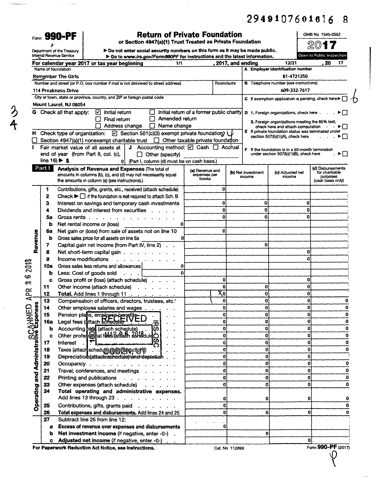 Image of first page of 2017 Form 990PF for Remember the Girls