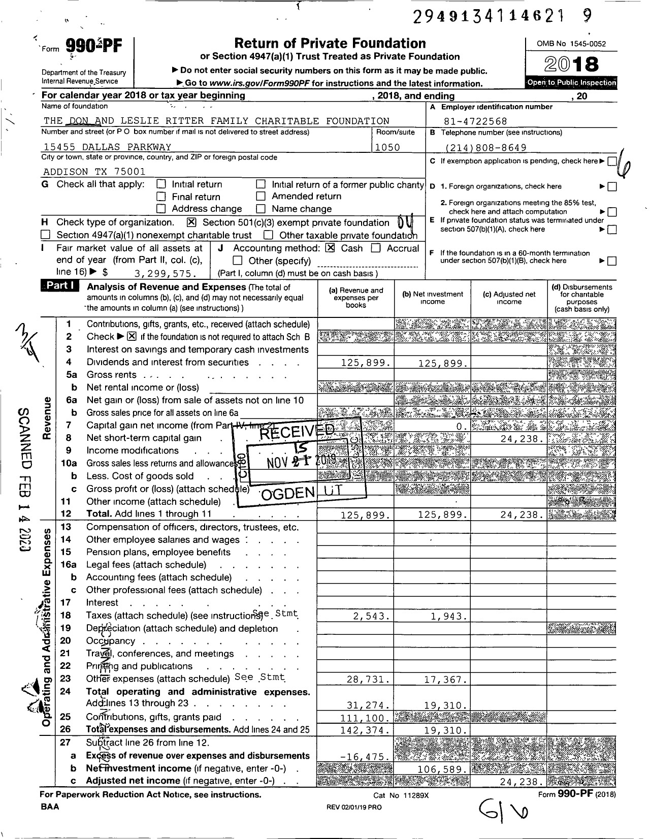 Image of first page of 2018 Form 990PF for The Don and Leslie Ritter Family Charitable Foundation