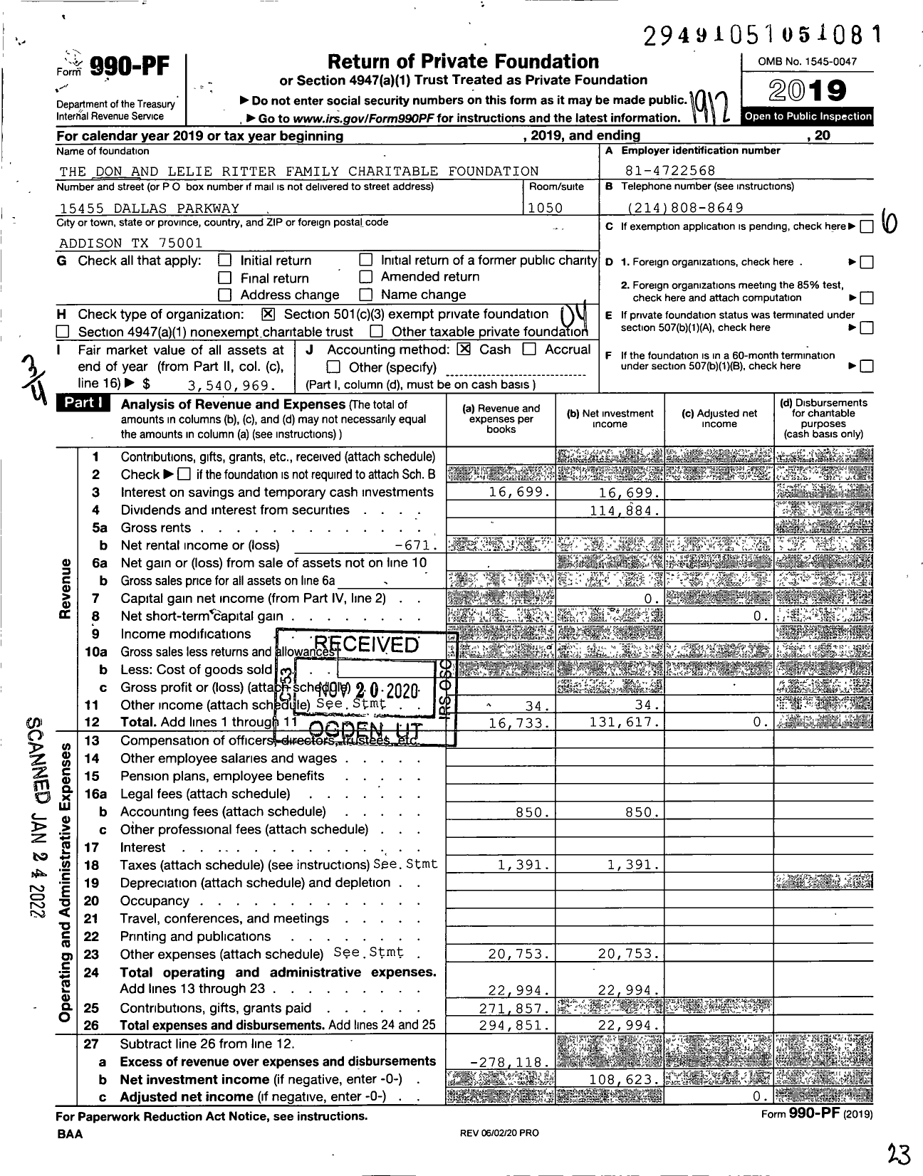 Image of first page of 2019 Form 990PF for The Don and Leslie Ritter Family Charitable Foundation