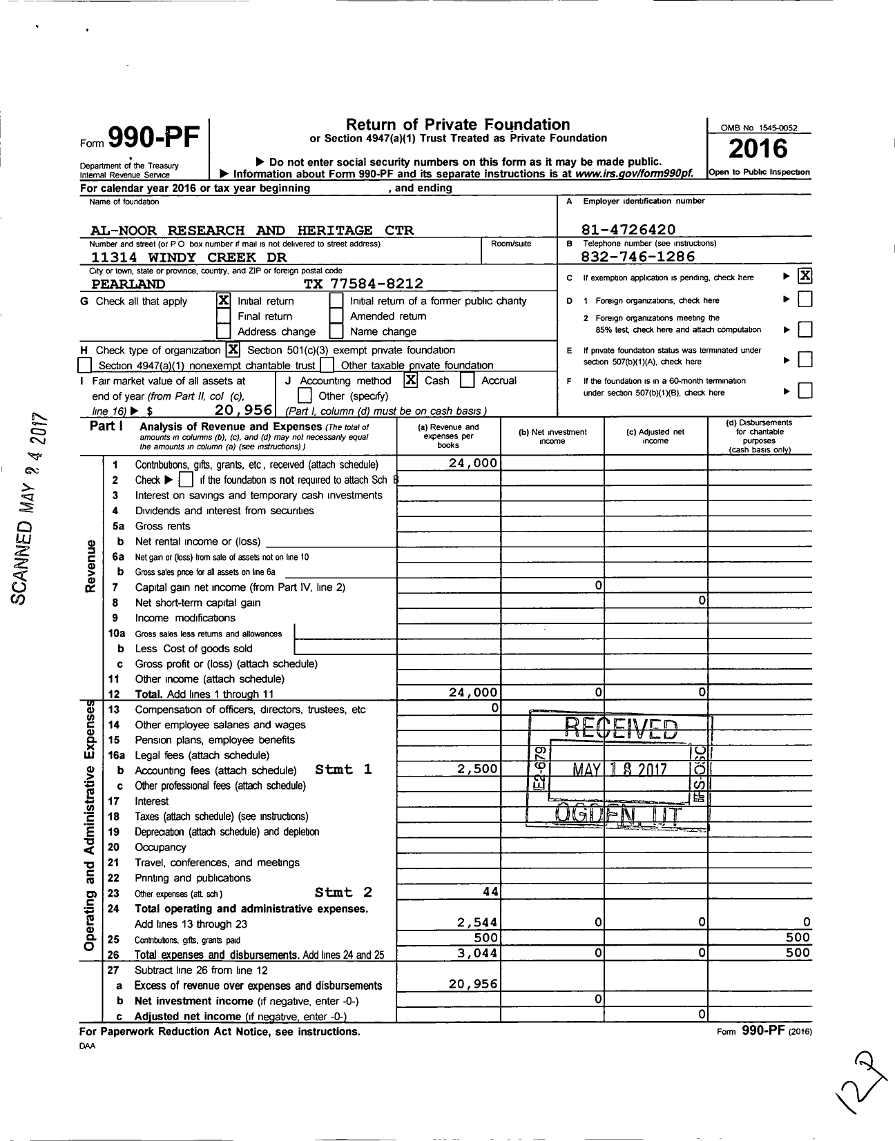 Image of first page of 2016 Form 990PF for Al-Noor Research and Heritage Center