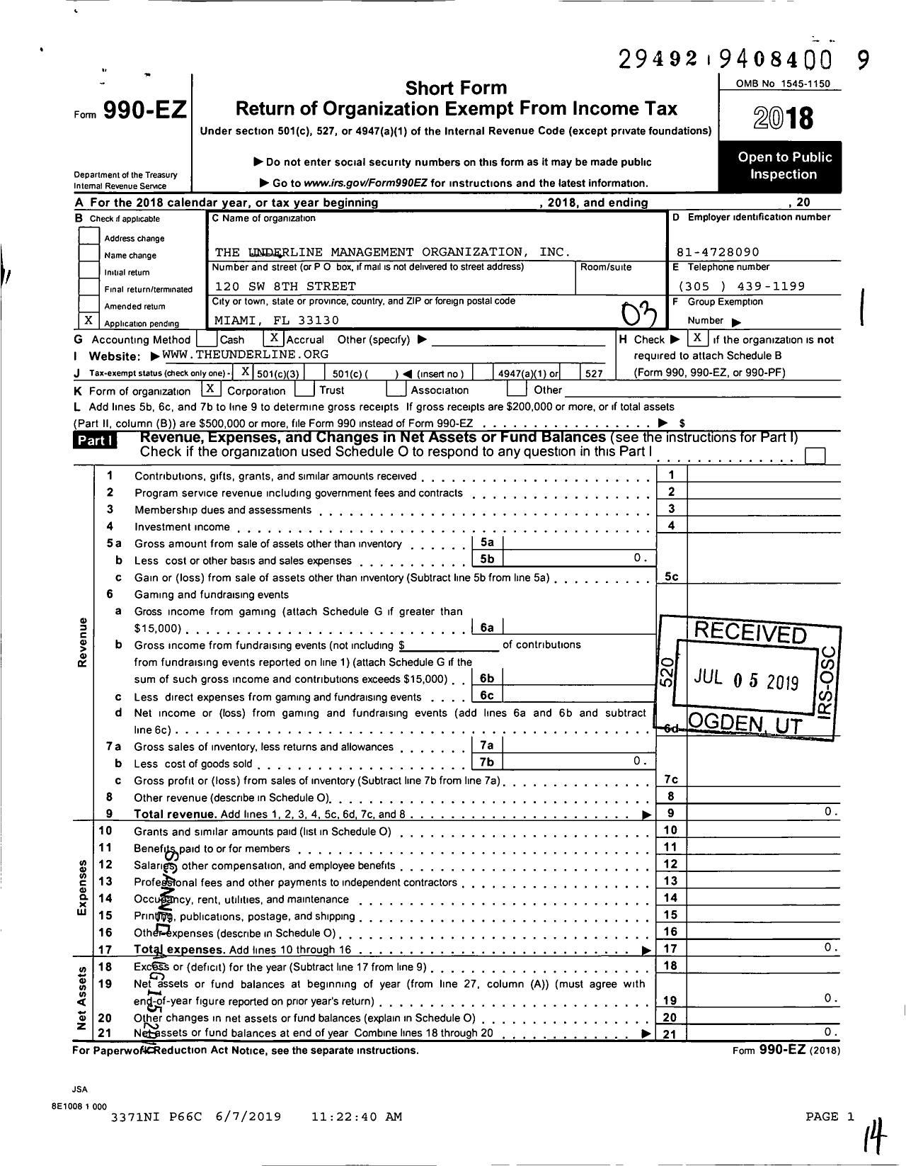 Image of first page of 2018 Form 990EZ for The Underline Management Organization