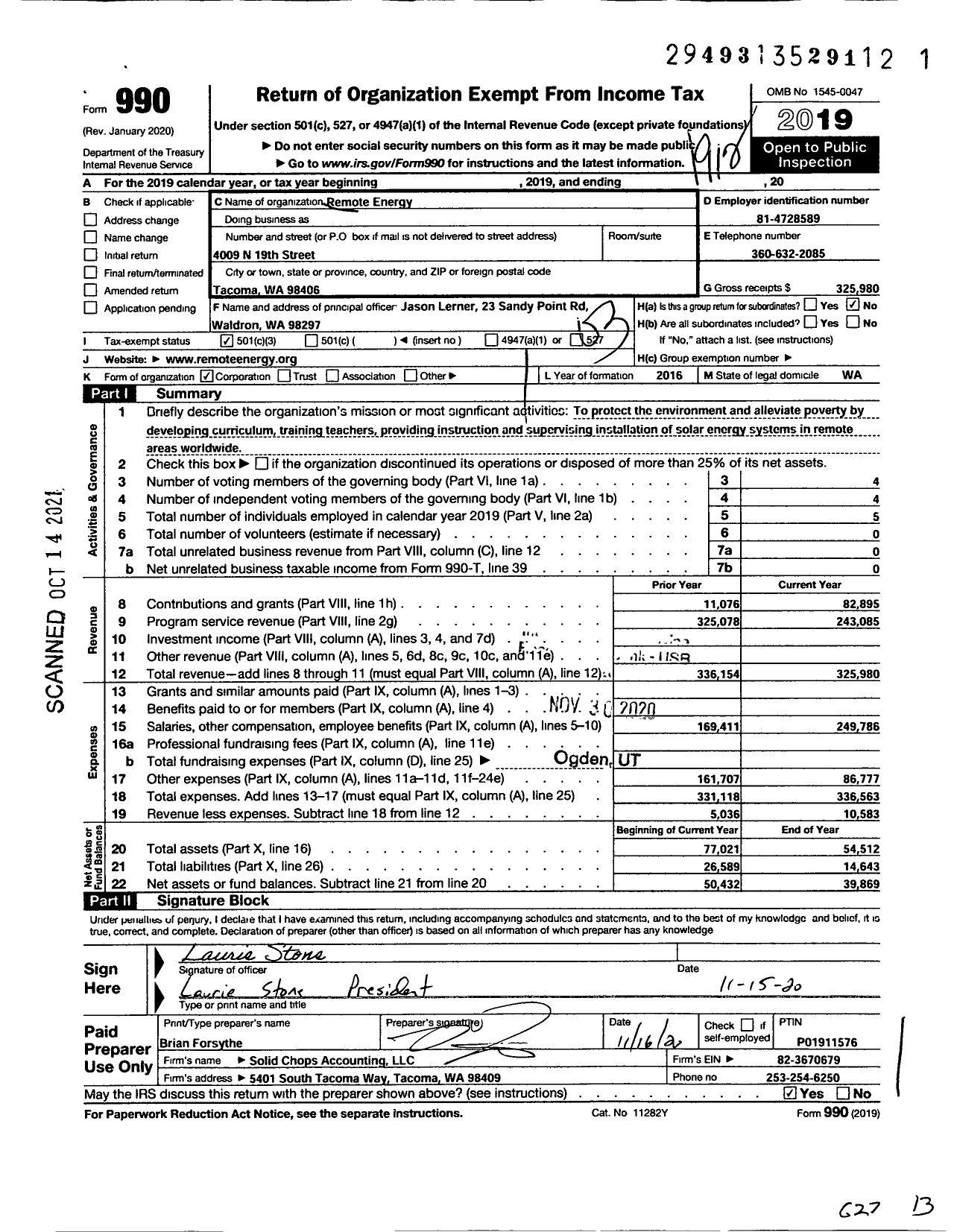 Image of first page of 2019 Form 990 for Remote Energy