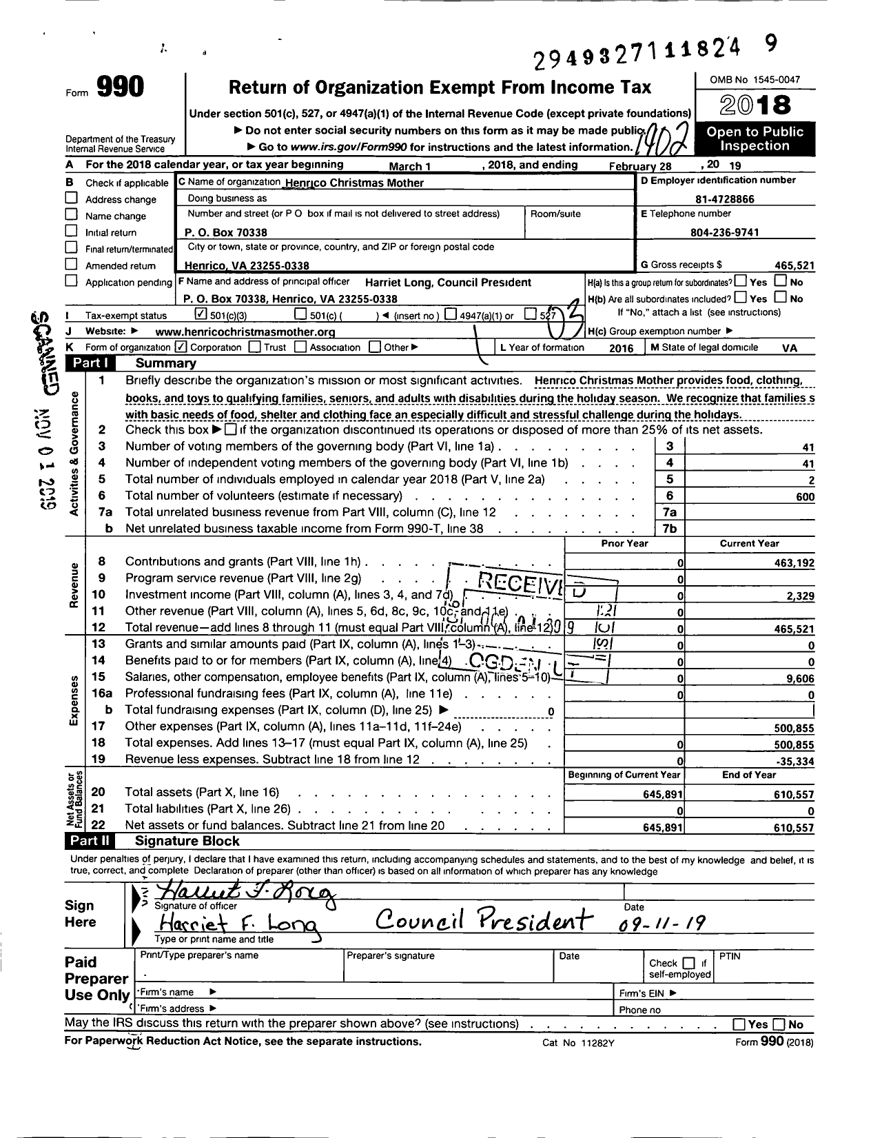 Image of first page of 2018 Form 990 for Henrico Christmas Mother