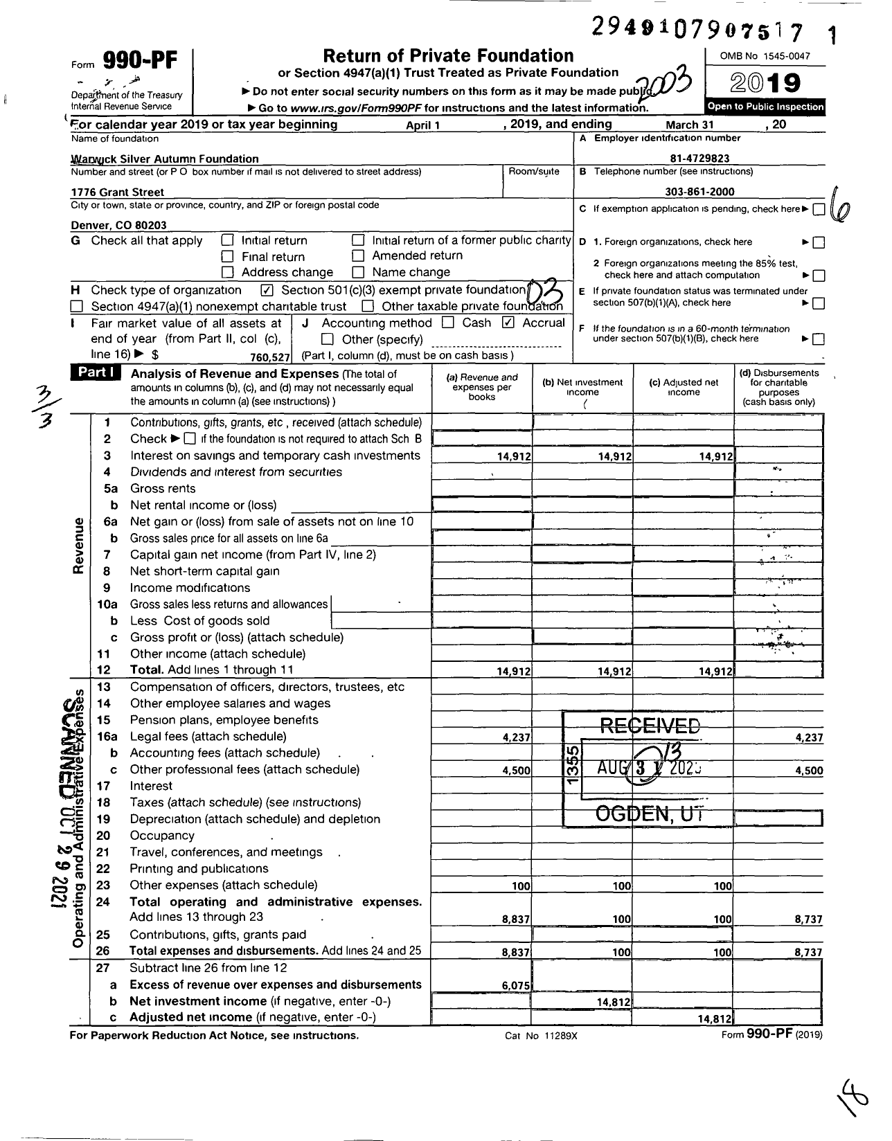 Image of first page of 2019 Form 990PF for Warwick Silver Autumn Foundation