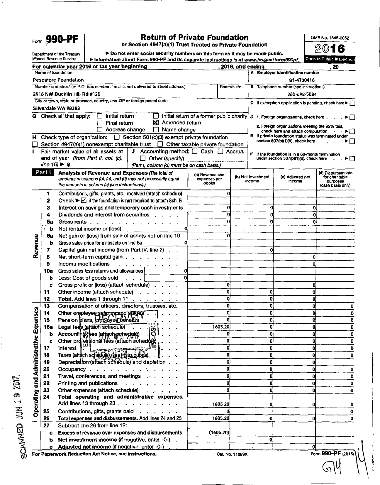 Image of first page of 2016 Form 990PF for Pescatore Foundation