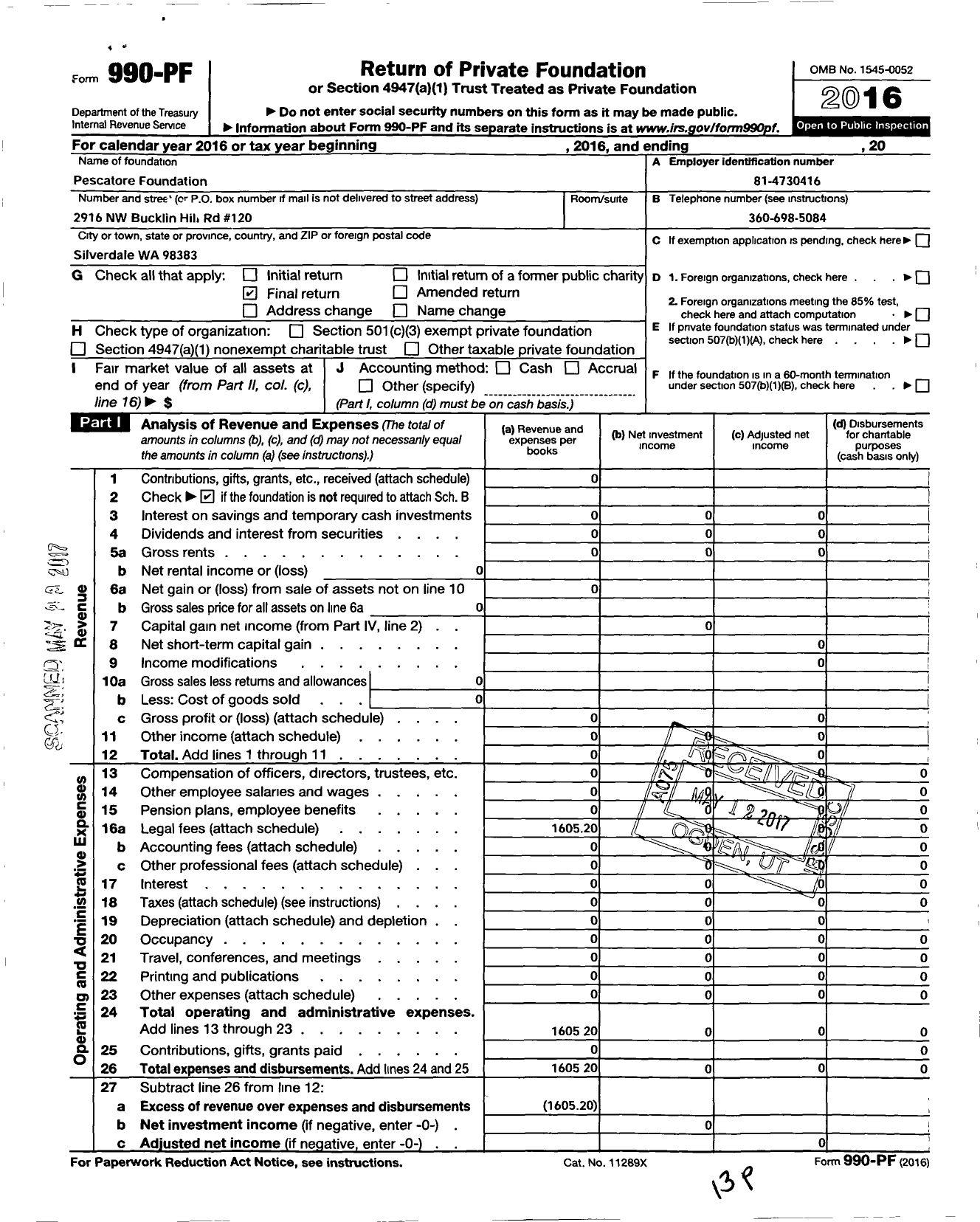 Image of first page of 2016 Form 990PF for Pescatore Foundation