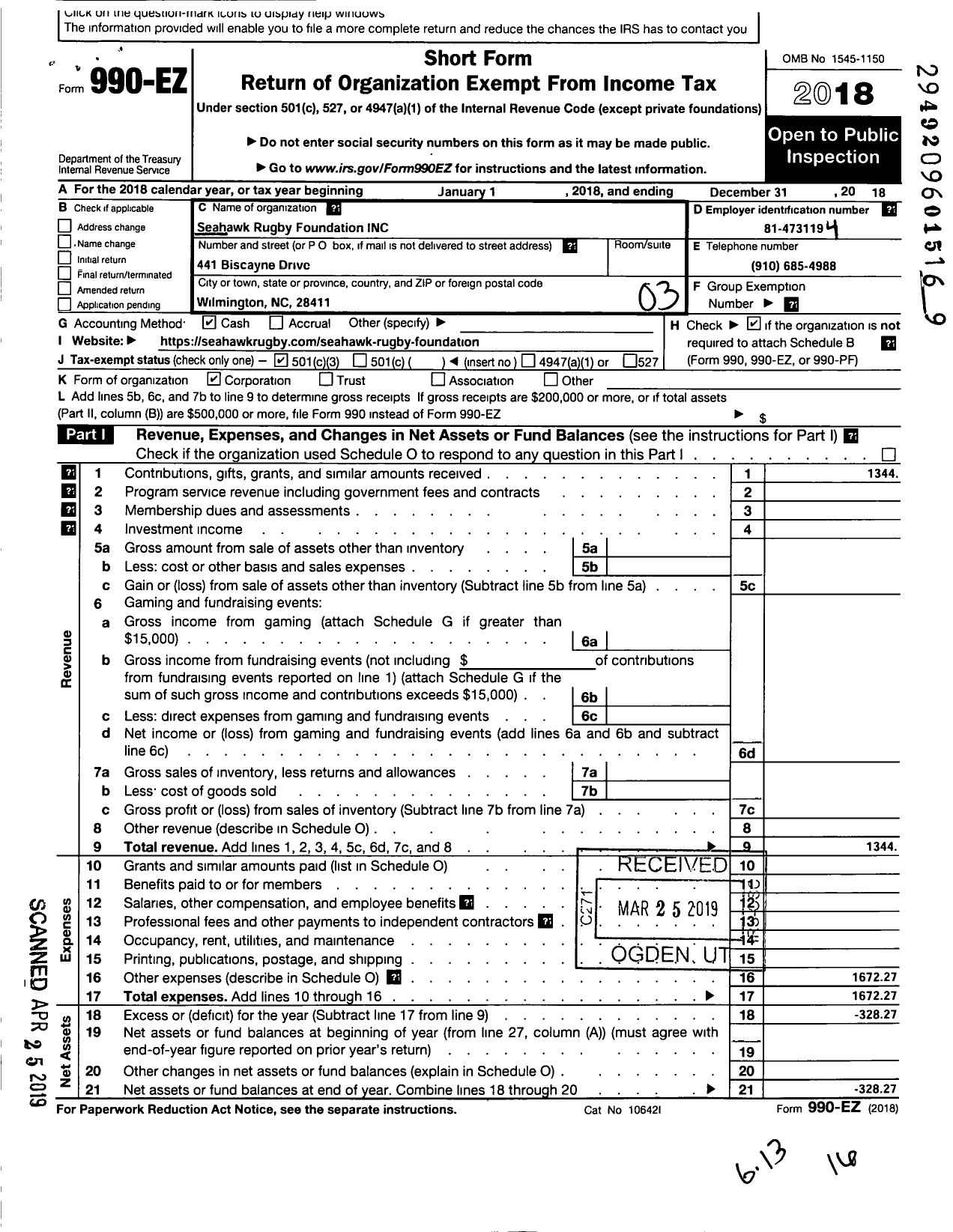 Image of first page of 2018 Form 990EZ for Seahawk Rugby Foundation