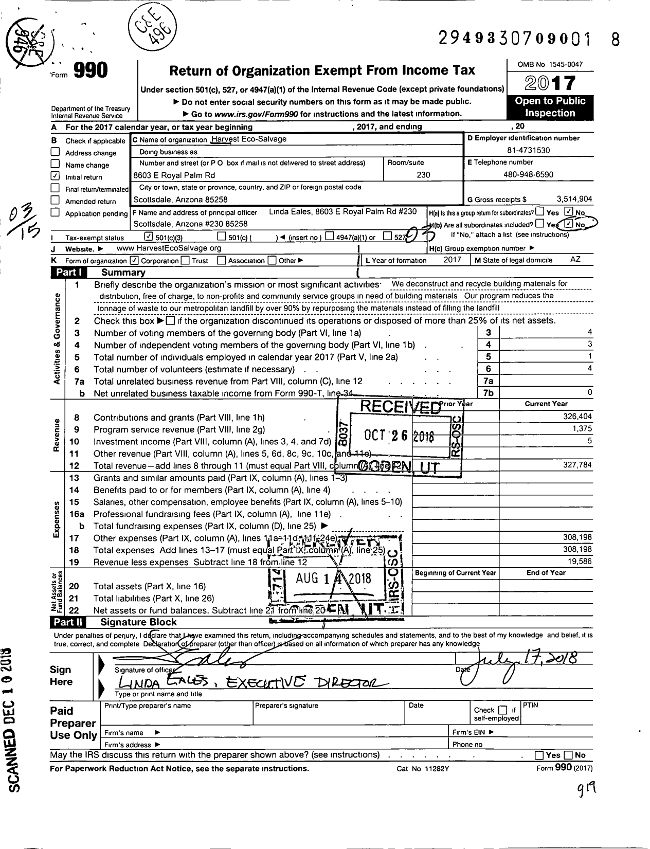 Image of first page of 2017 Form 990 for Harvest Eco Salvage