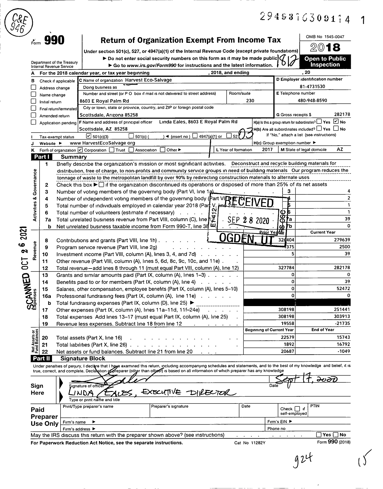 Image of first page of 2018 Form 990 for Harvest Eco Salvage