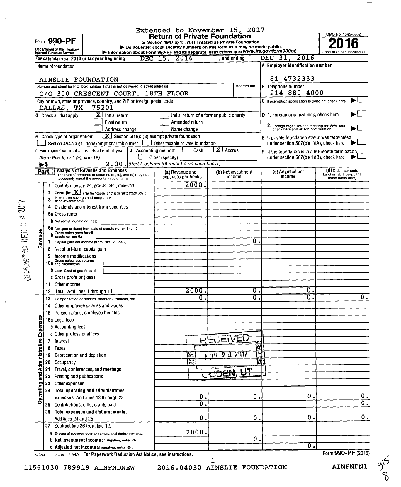 Image of first page of 2016 Form 990PF for Ainslie Foundation