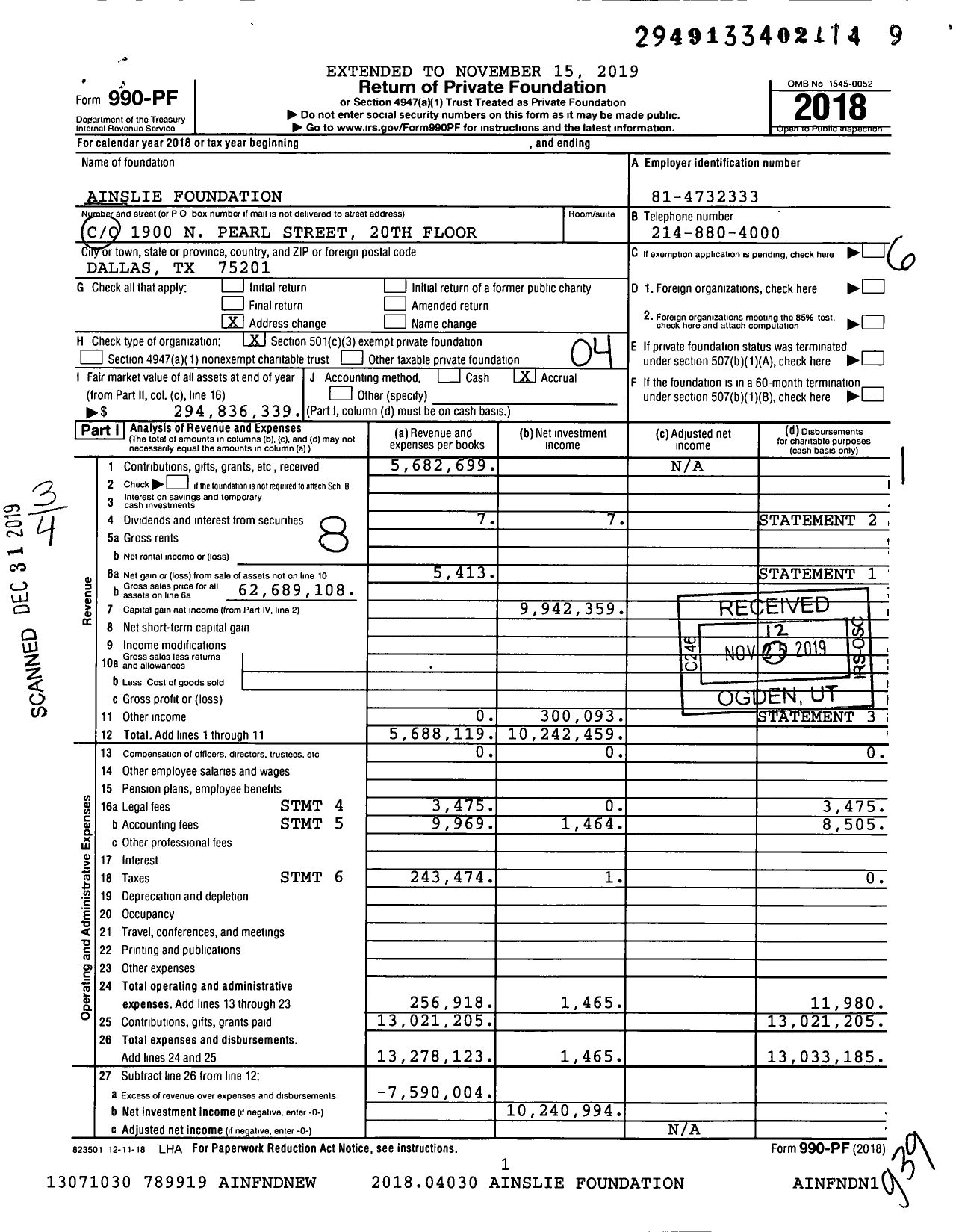 Image of first page of 2018 Form 990PF for Ainslie Foundation