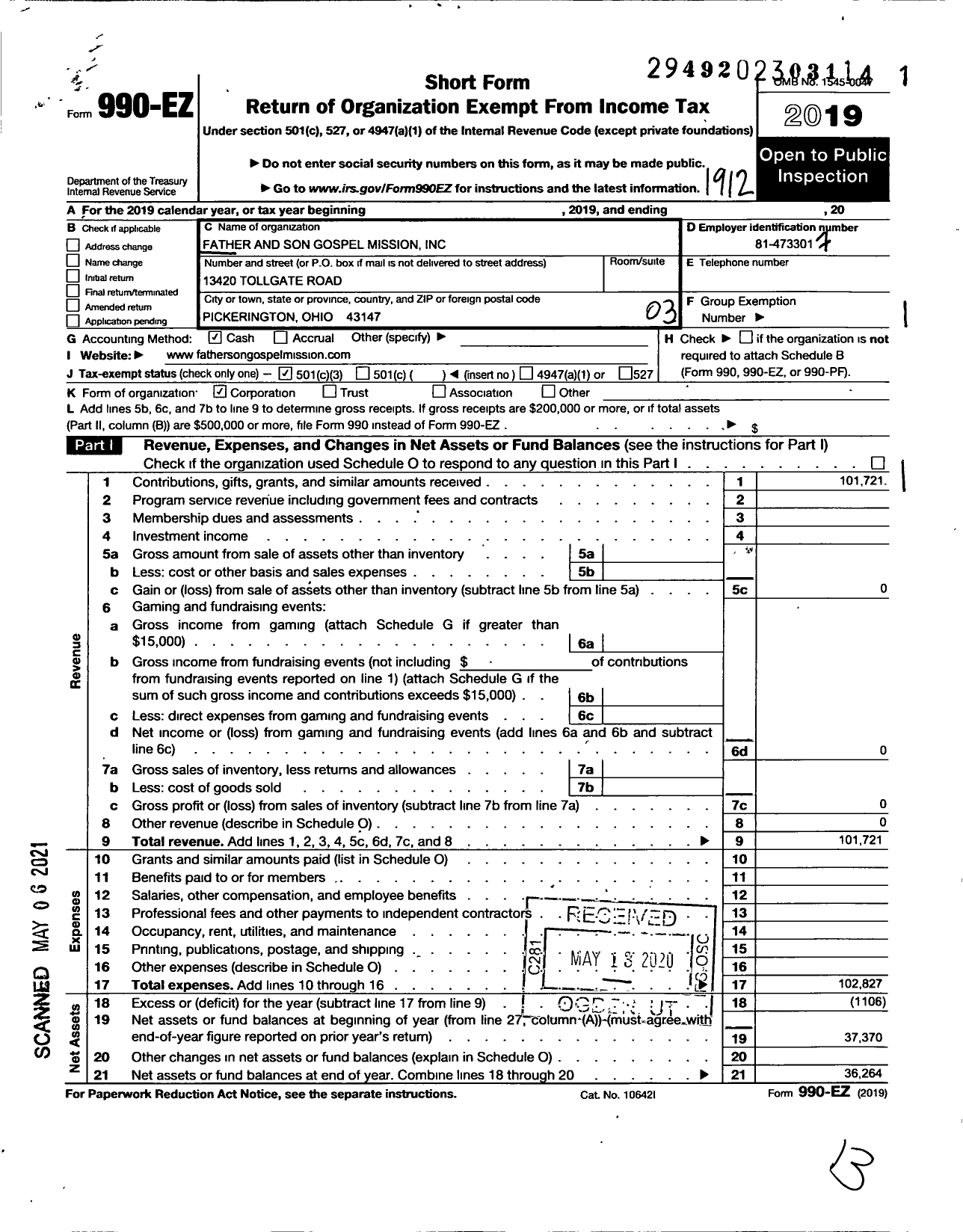 Image of first page of 2019 Form 990EZ for Father and Son Gospel Mission