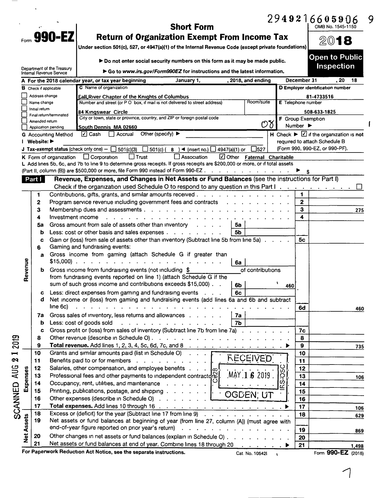 Image of first page of 2018 Form 990EO for Knights of Columbus - Fall River Diocese Chapter