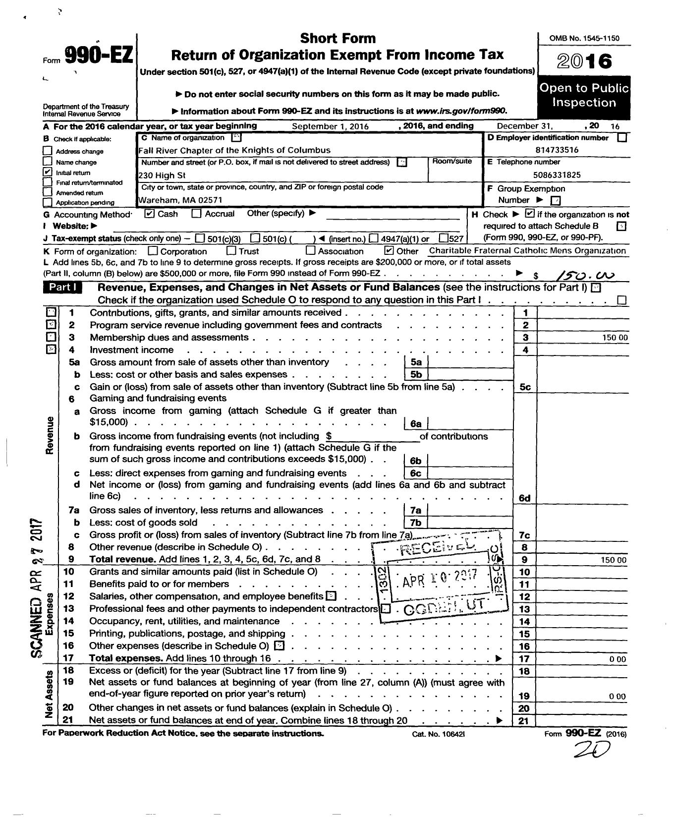 Image of first page of 2016 Form 990EO for Knights of Columbus - Fall River Diocese Chapter