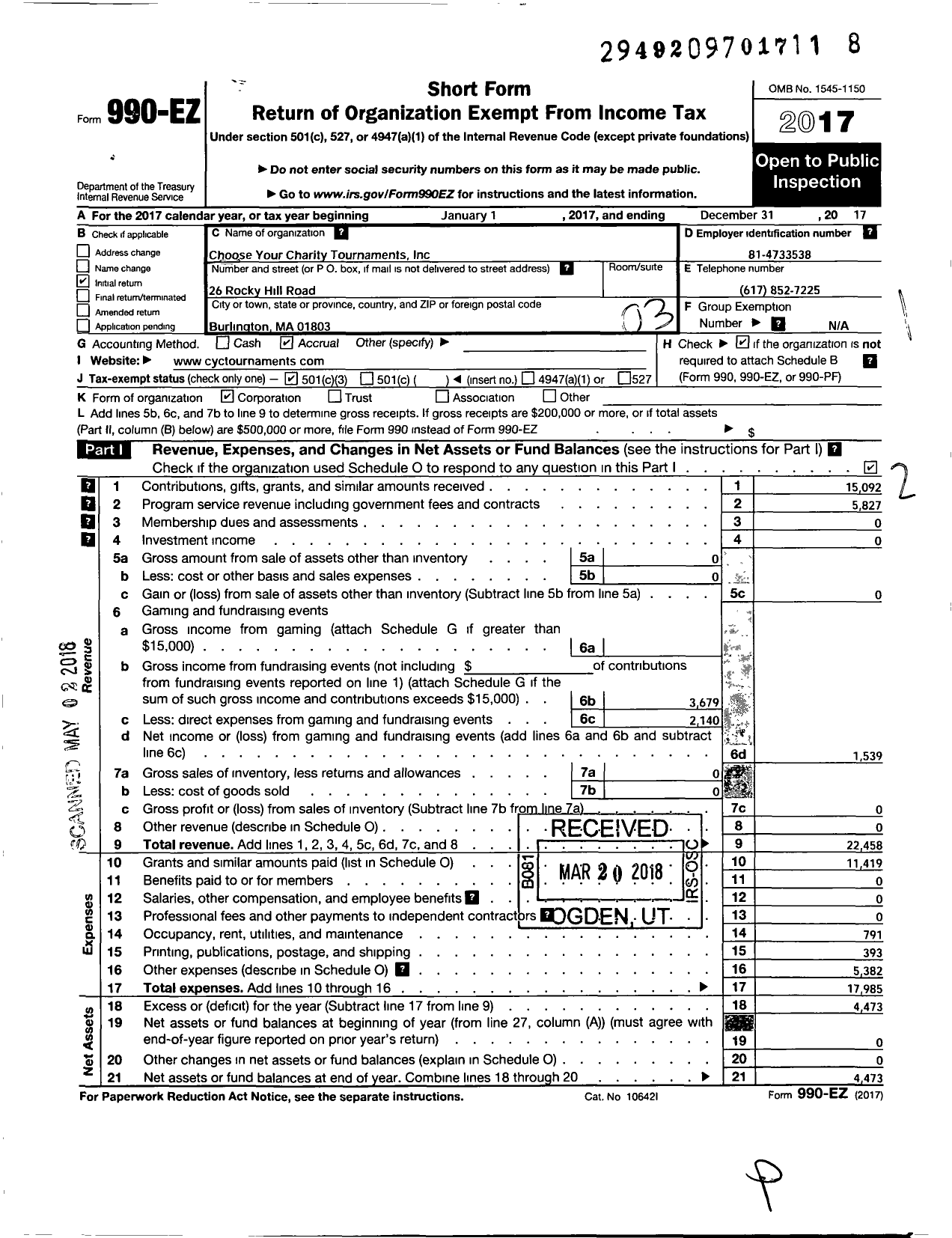 Image of first page of 2017 Form 990EZ for Choose Your Charity Tournaments Incorporated