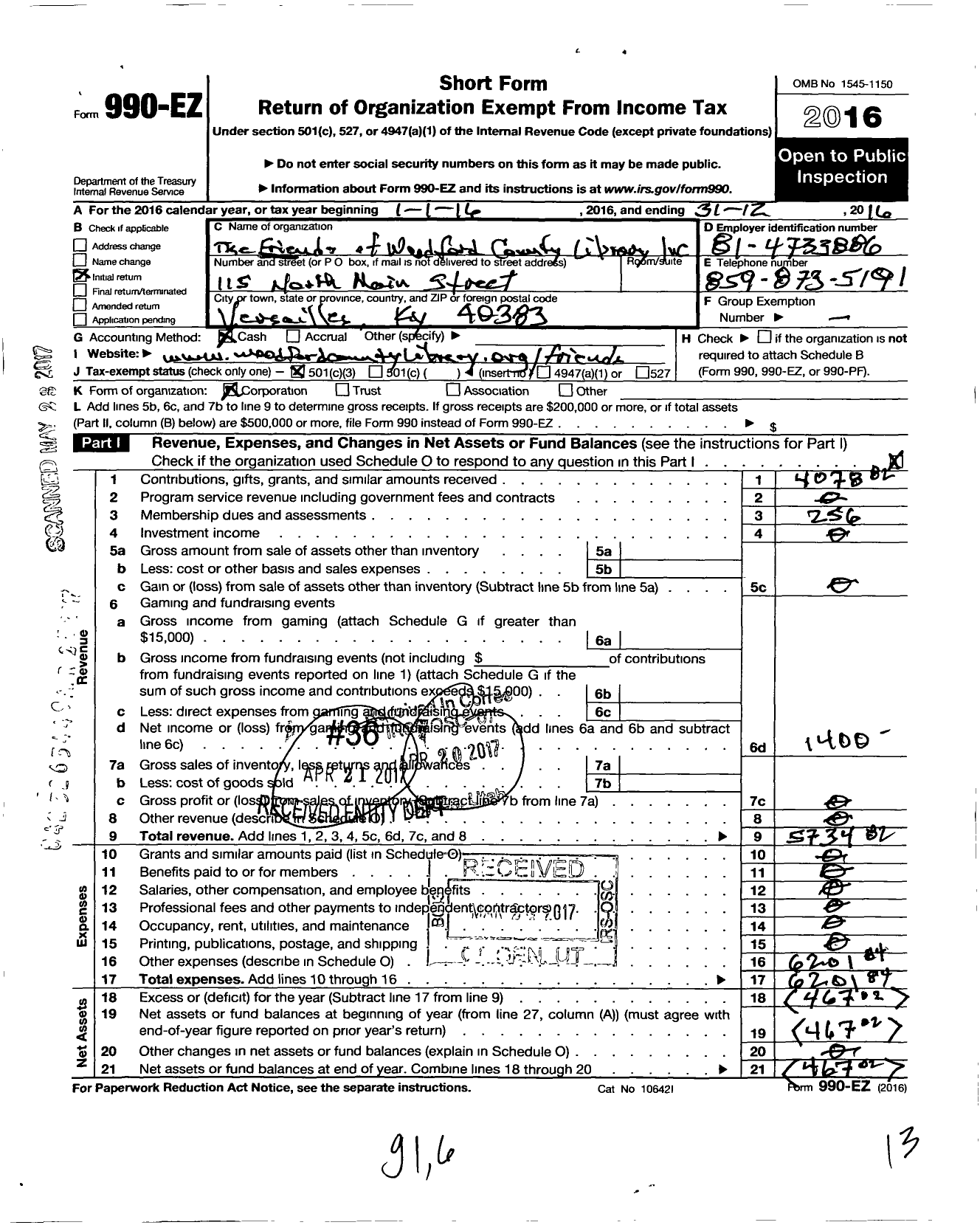 Image of first page of 2016 Form 990EZ for Friends of Woodford County Library