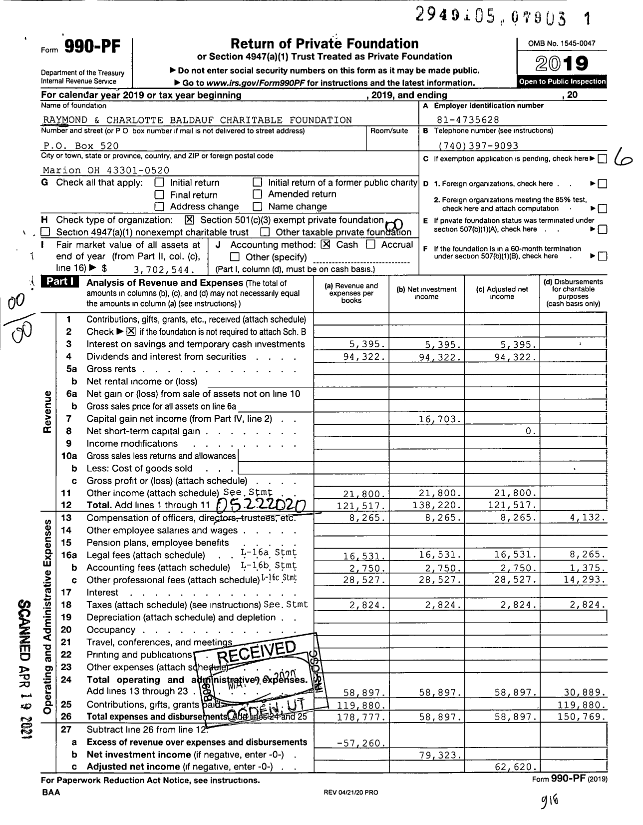 Image of first page of 2019 Form 990PF for Raymond and Charlotte Baldauf Charitable Foundation