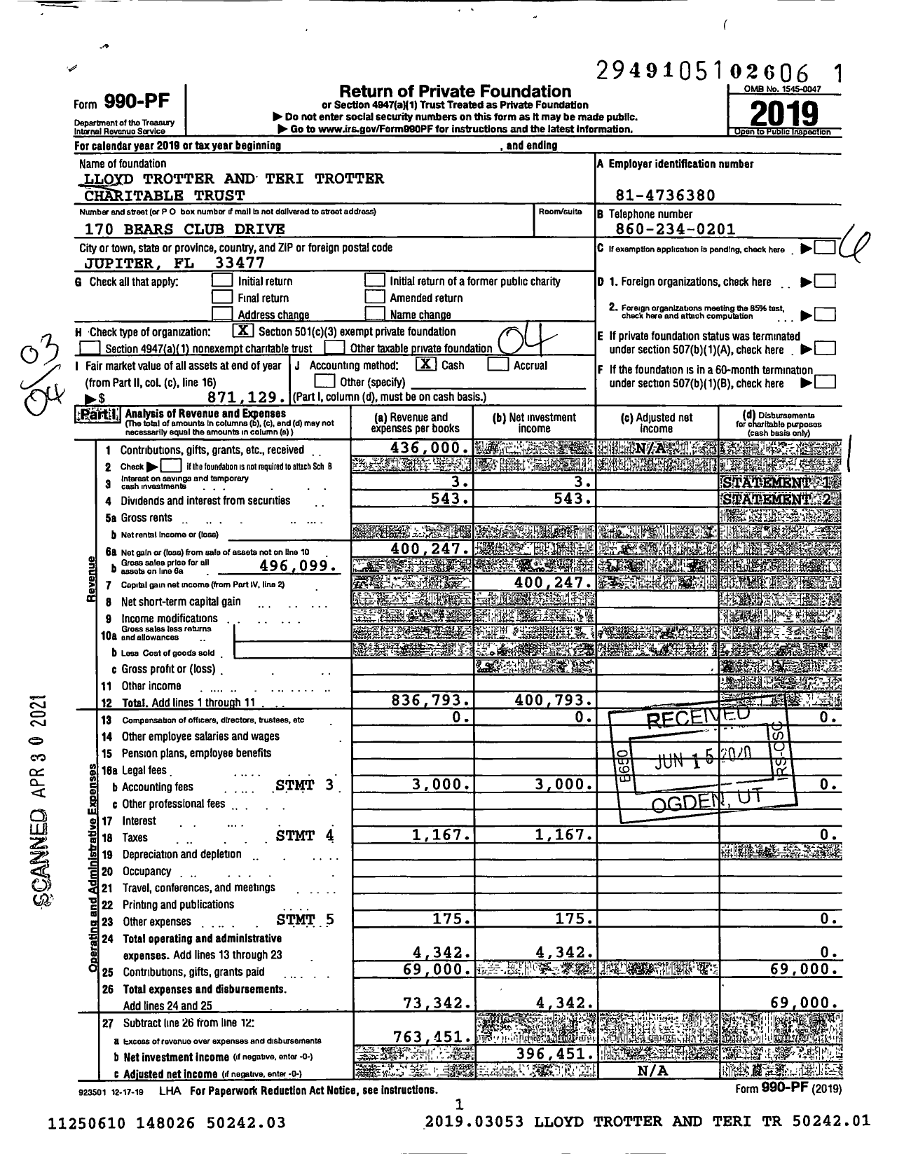 Image of first page of 2019 Form 990PF for Lloyd Trotter and Teri Trotter Charitable Trust