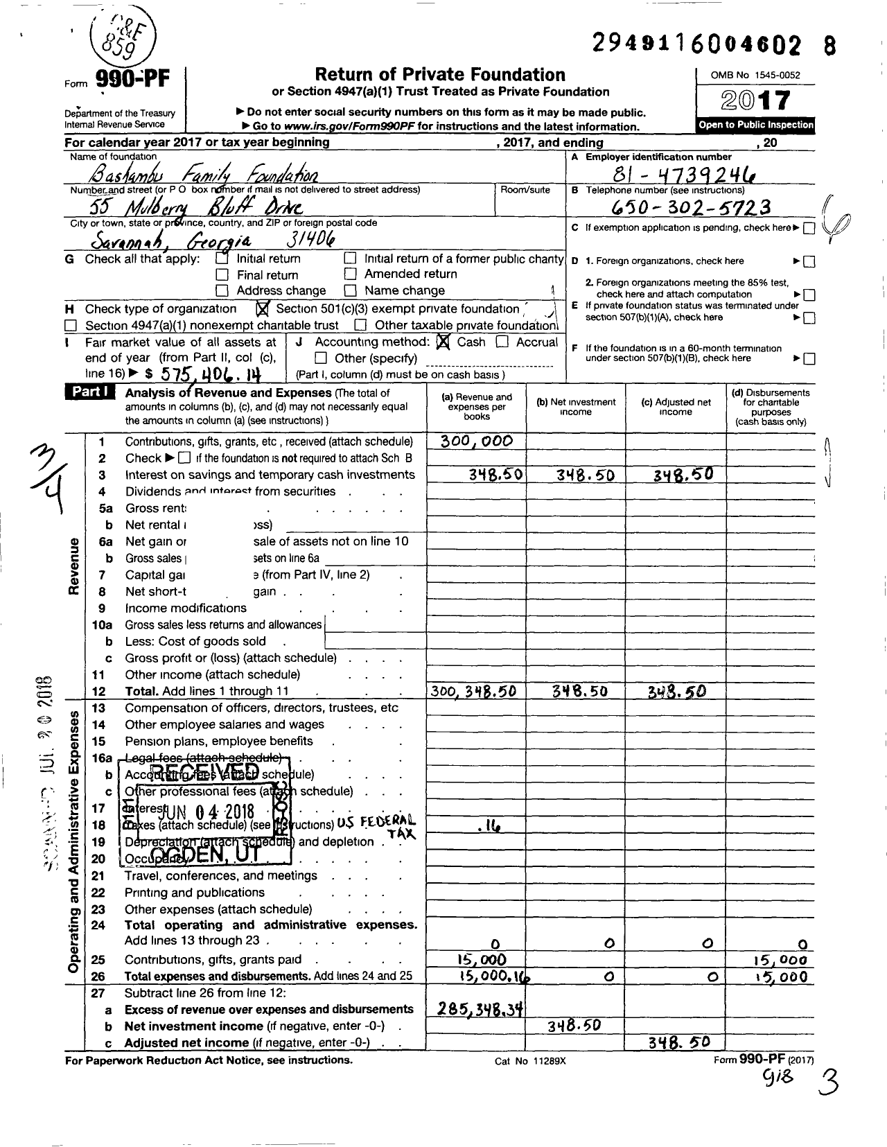 Image of first page of 2017 Form 990PF for Bashambu Family Foundation