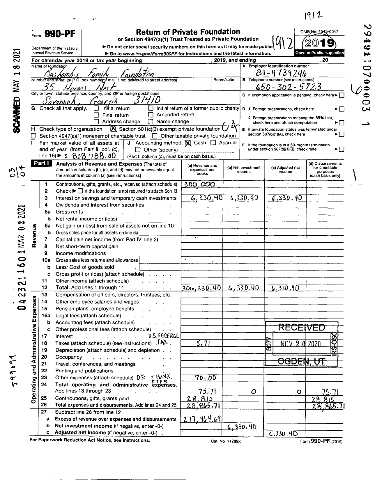 Image of first page of 2019 Form 990PF for Bashambu Family Foundation