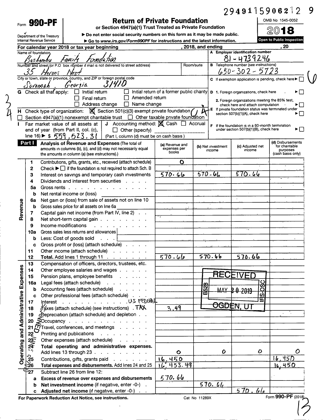 Image of first page of 2018 Form 990PF for Bashambu Family Foundation