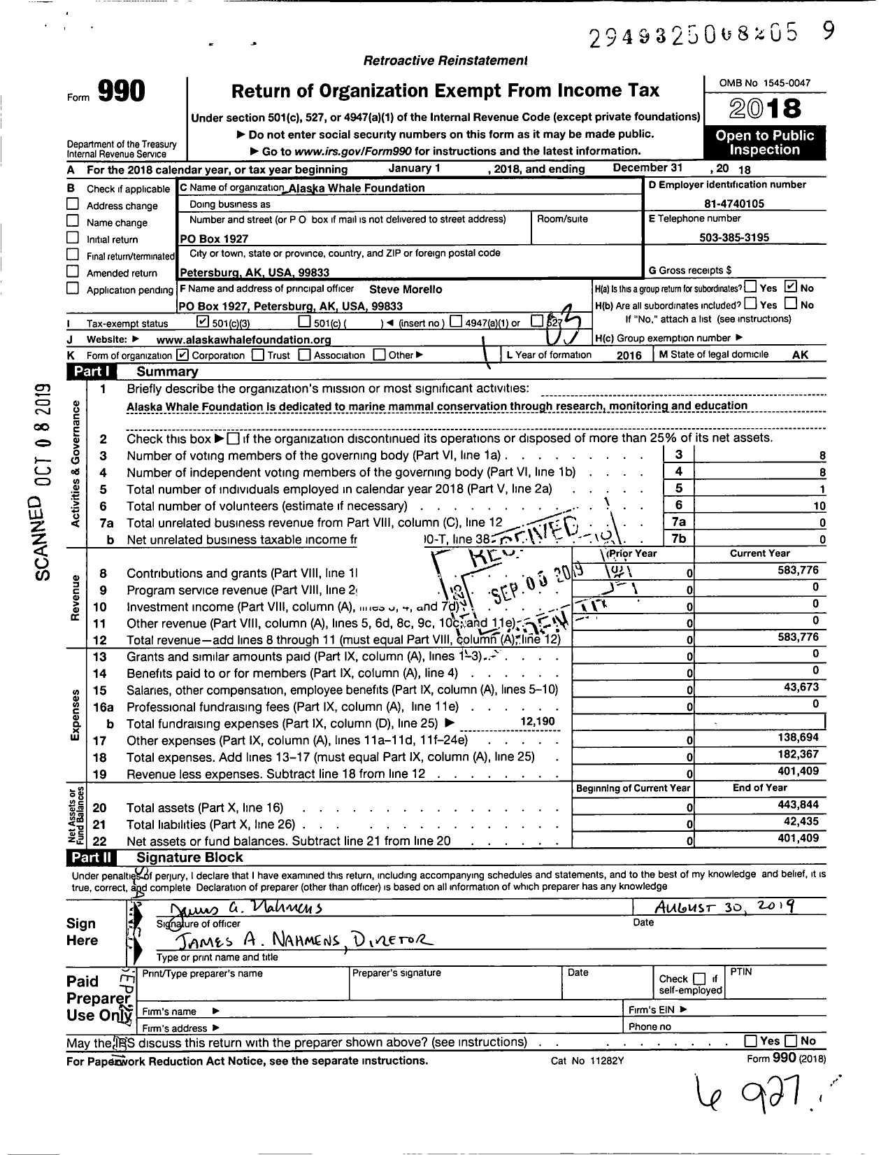 Image of first page of 2018 Form 990 for Alaska Whale Foundation