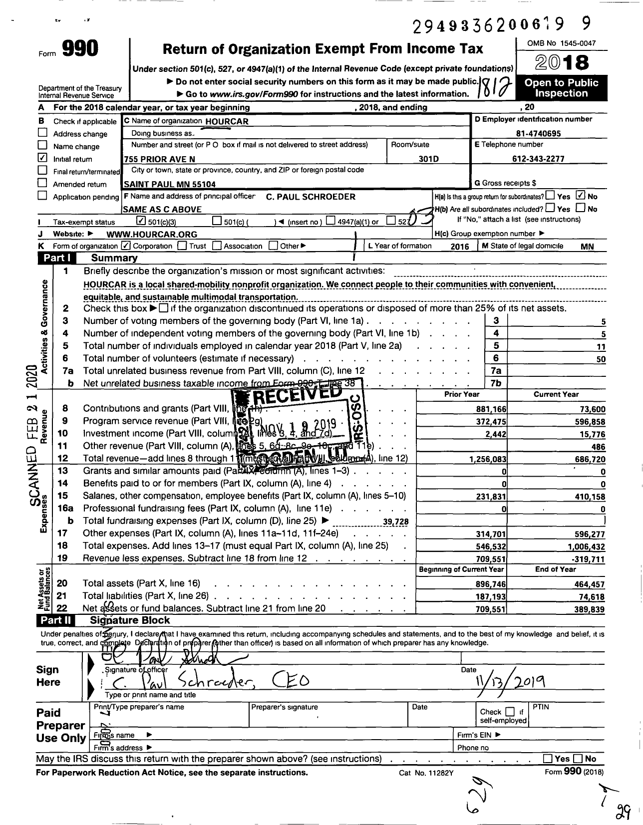 Image of first page of 2018 Form 990 for Hourcar