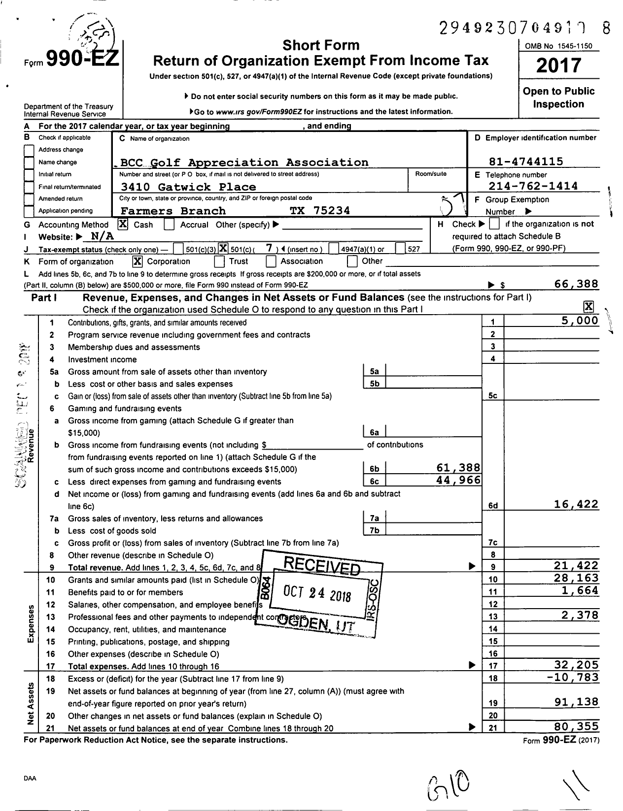 Image of first page of 2017 Form 990EO for BCC Golf Appreciation Association