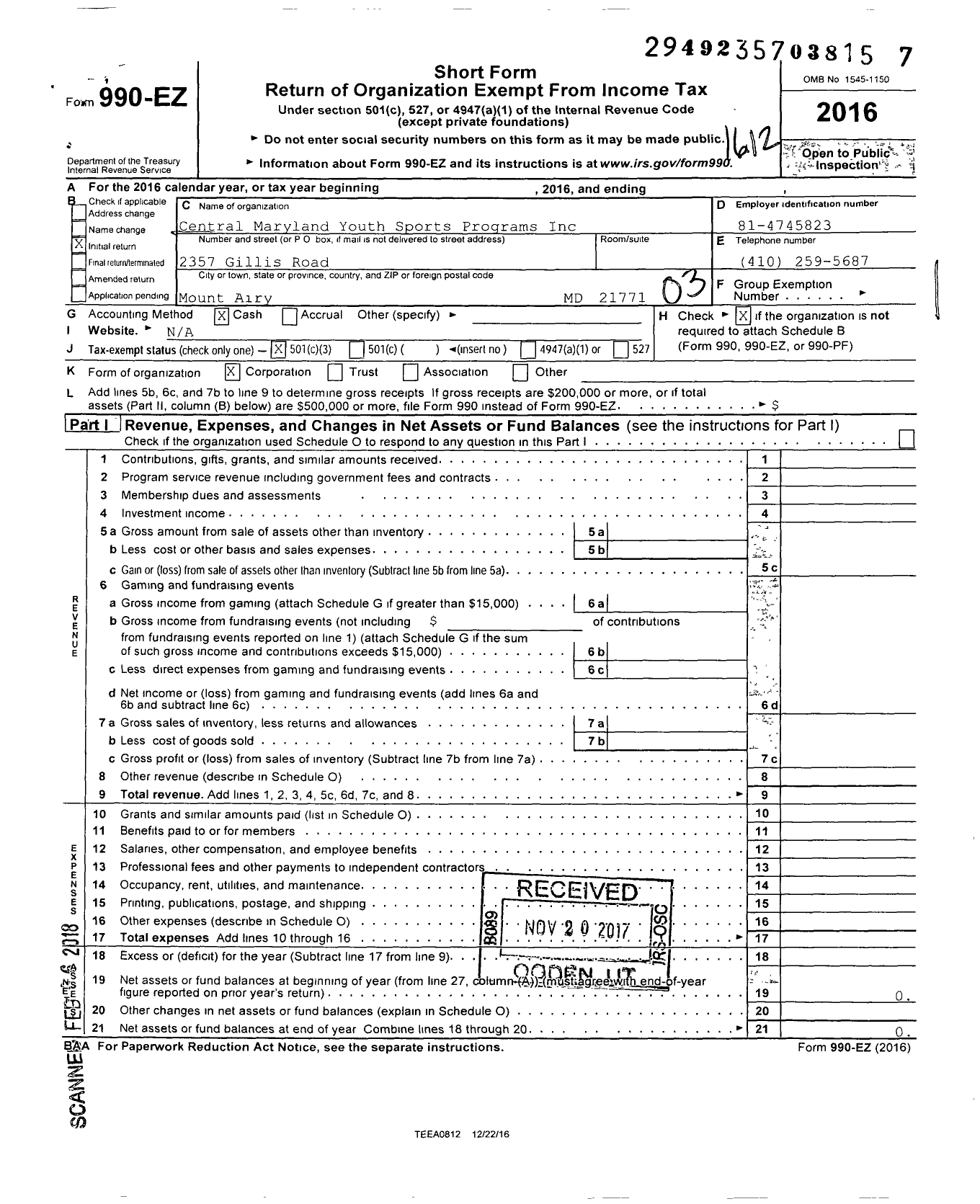 Image of first page of 2016 Form 990EZ for Central Maryland Youth Sports Programs