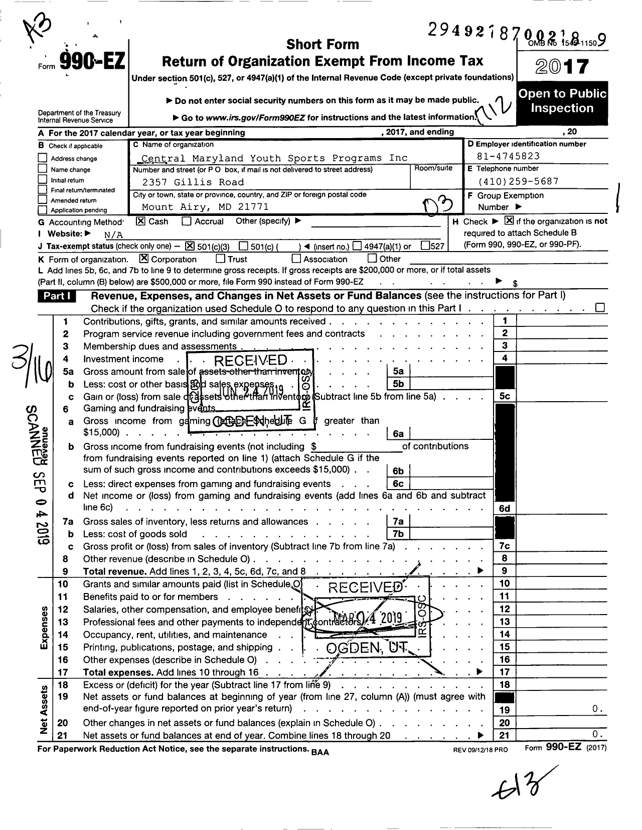 Image of first page of 2017 Form 990EZ for Central Maryland Youth Sports Programs