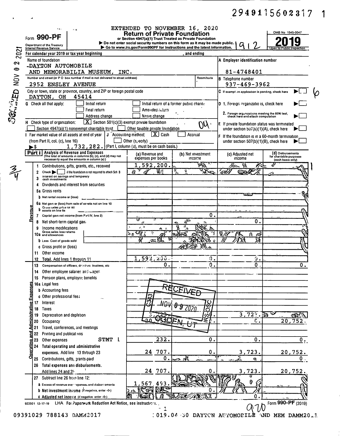 Image of first page of 2019 Form 990PF for Dayton Automobile and Memorabilia Museum