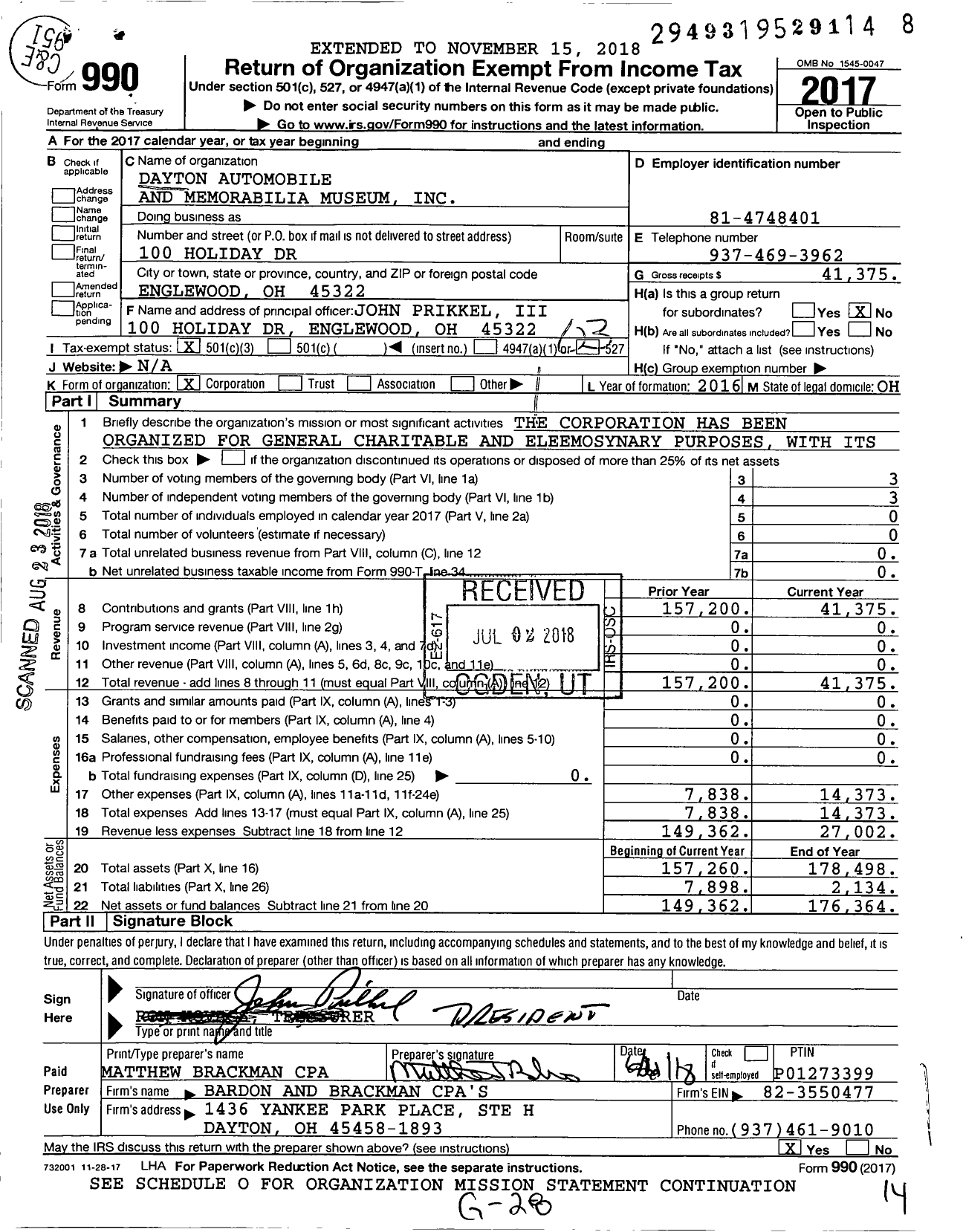 Image of first page of 2017 Form 990 for Dayton Automobile and Memorabilia Museum